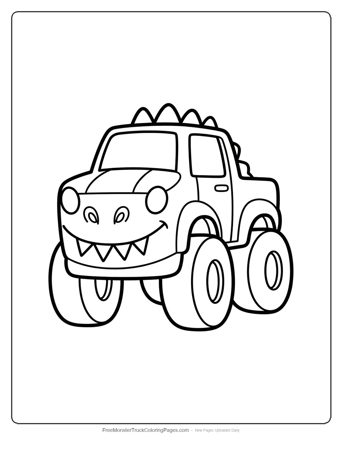 Simple black and white coloring page of a monster truck with a friendly dinosaur face and big teeth