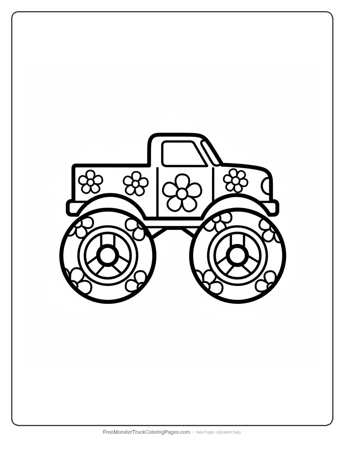 Simple coloring page of a monster truck with large, basic flower shapes decorating the body