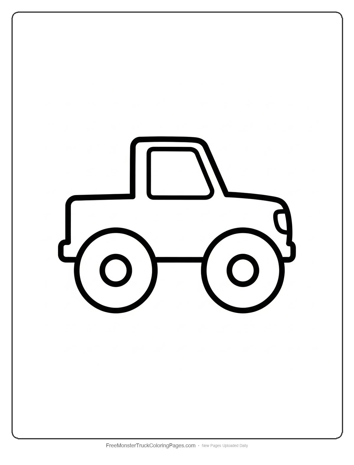 Black and white coloring page of a very simple monster truck with oversized round wheels and basic rectangular body shape