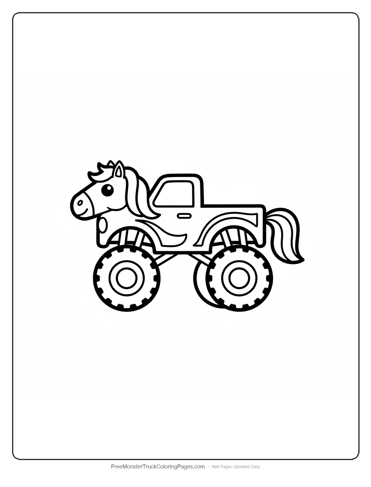 Simple black and white coloring page of a monster truck with horse mane and face, thick outlines