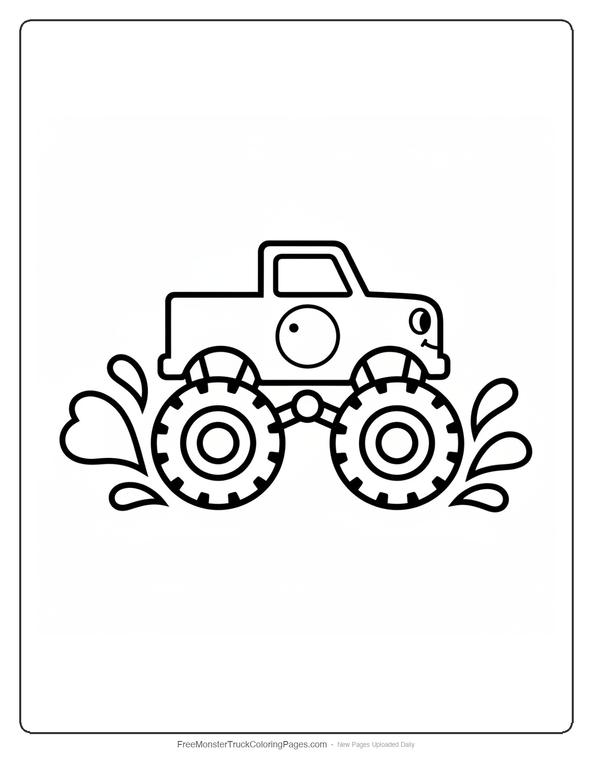 Simple monster truck coloring page splashing through water with large water droplet shapes and smiling truck face