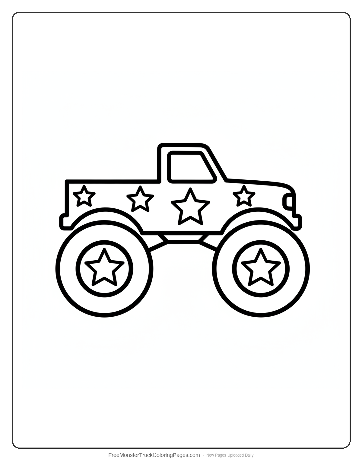 Simple monster truck coloring page decorated with large stars on the body and wheels, featuring thick outlines