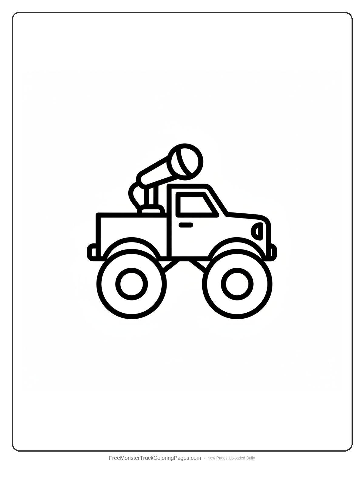 Simple black and white coloring page of a monster truck with a large microphone, designed for toddlers