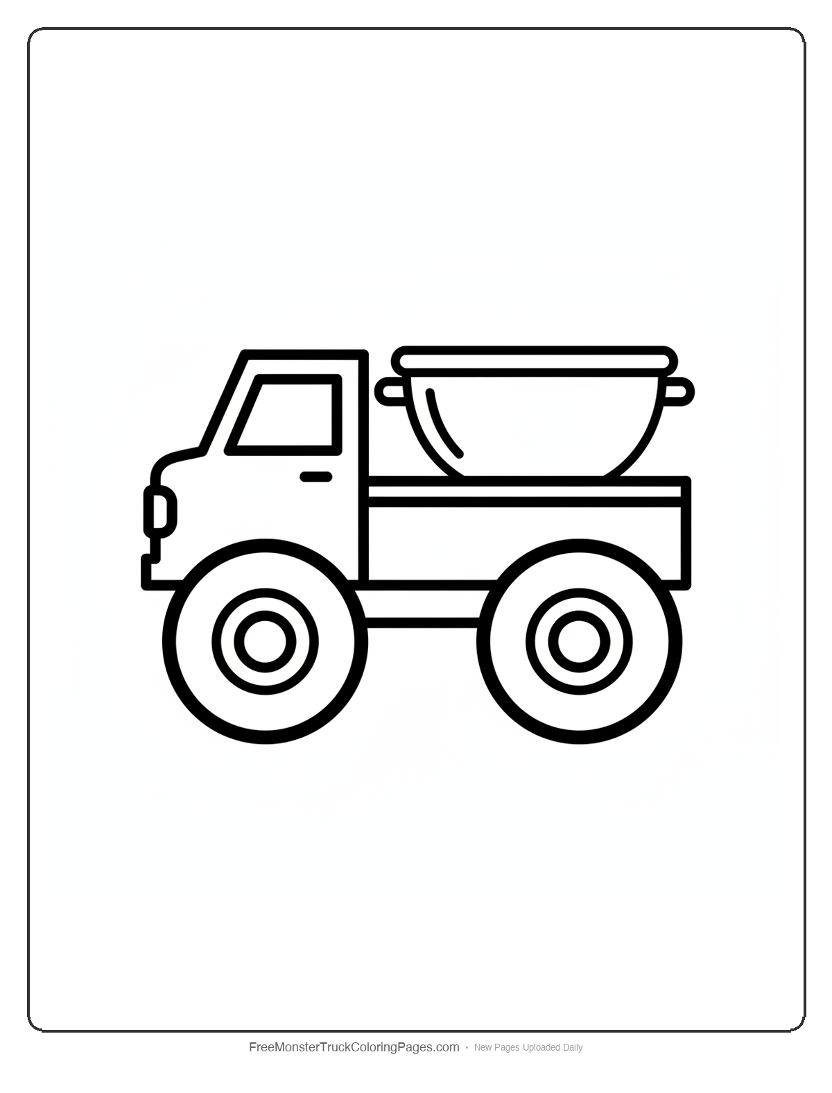 Black and white coloring page of a basic monster truck carrying a large mixing bowl