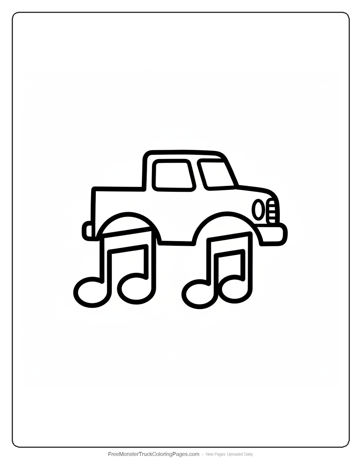 Simple black and white coloring page of a monster truck with large music notes as wheels