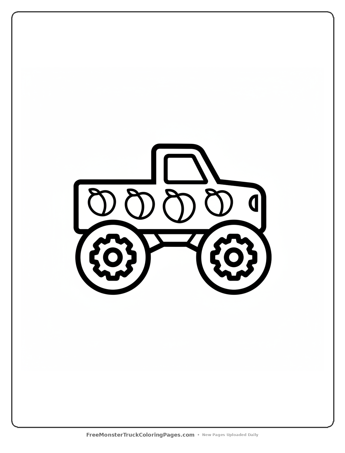 Black and white coloring page of a simple monster truck decorated with large peach shapes and basic designs