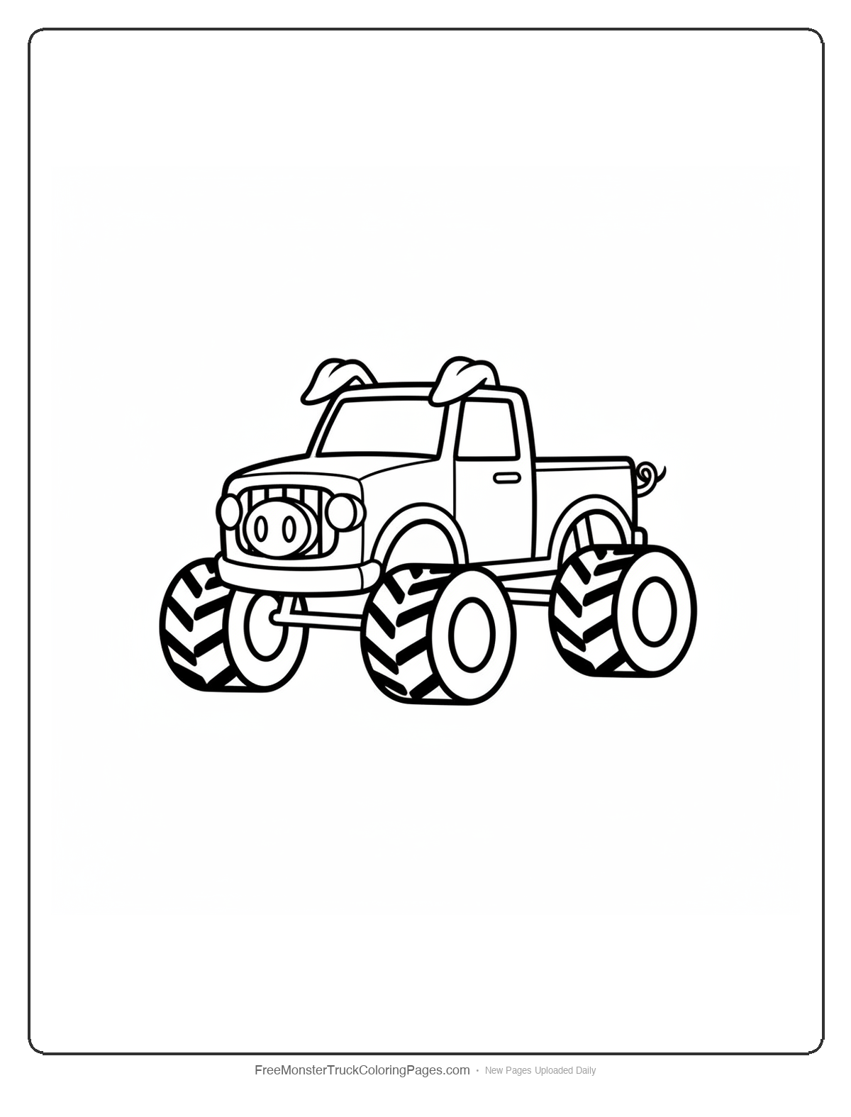 Simple black and white coloring page of a monster truck with pig snout and curly tail, thick outlines