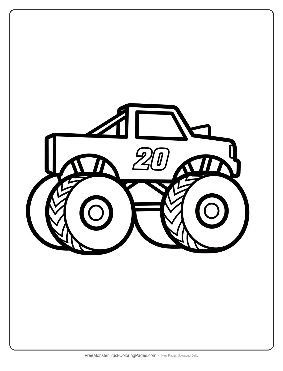 Black and white coloring page of a very simple monster truck with large wheels and racing number