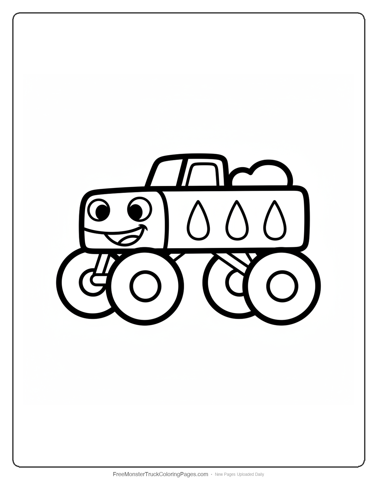 Simple coloring page of a monster truck with large raindrop shapes and basic features