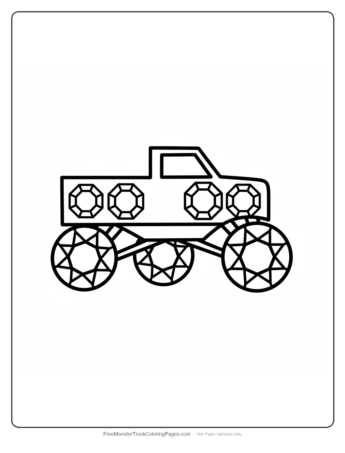 Simple monster truck coloring page with large sapphire decorations and thick outlines suitable for toddlers