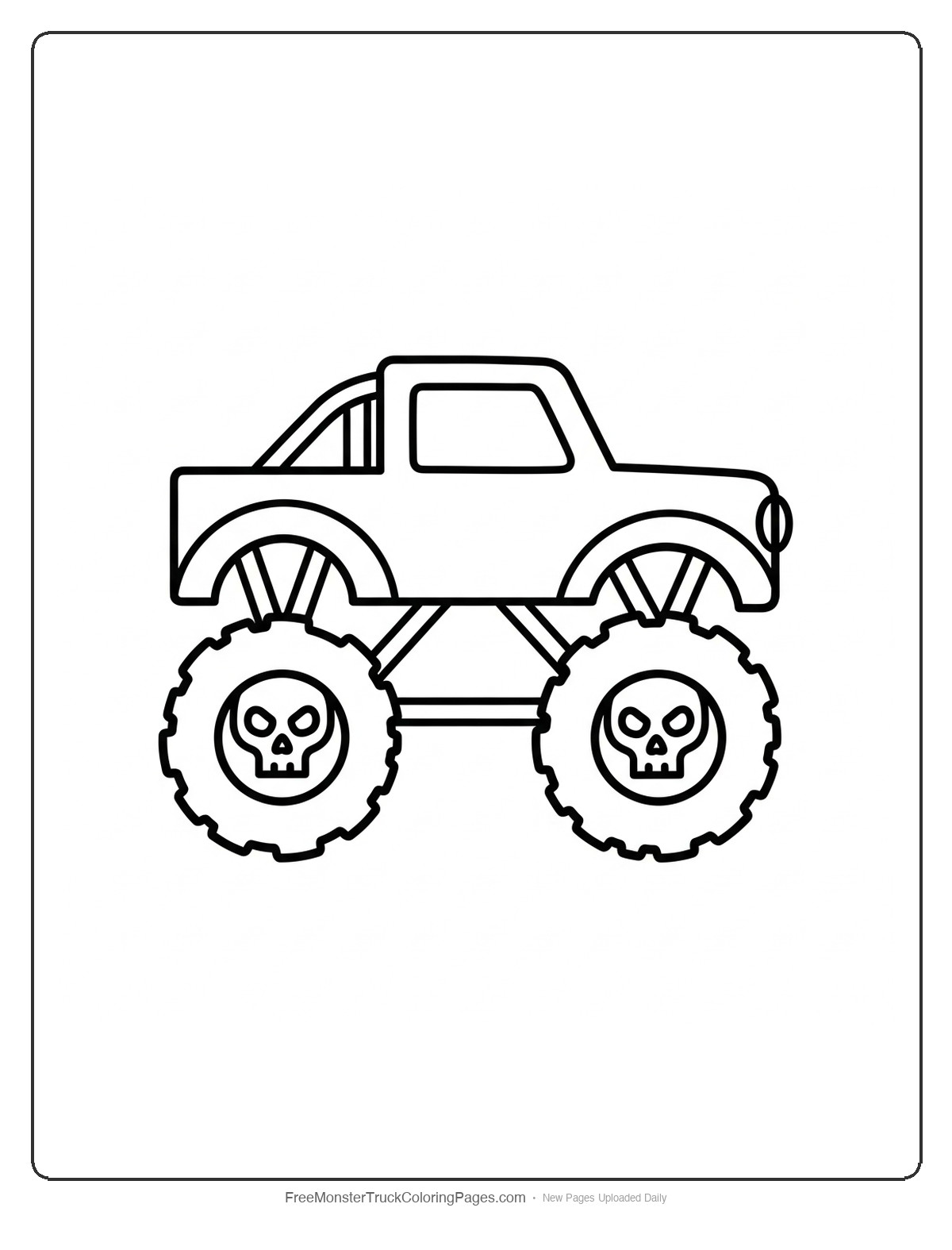 Black and white coloring page of a very simple monster truck with skull patterns on large wheels
