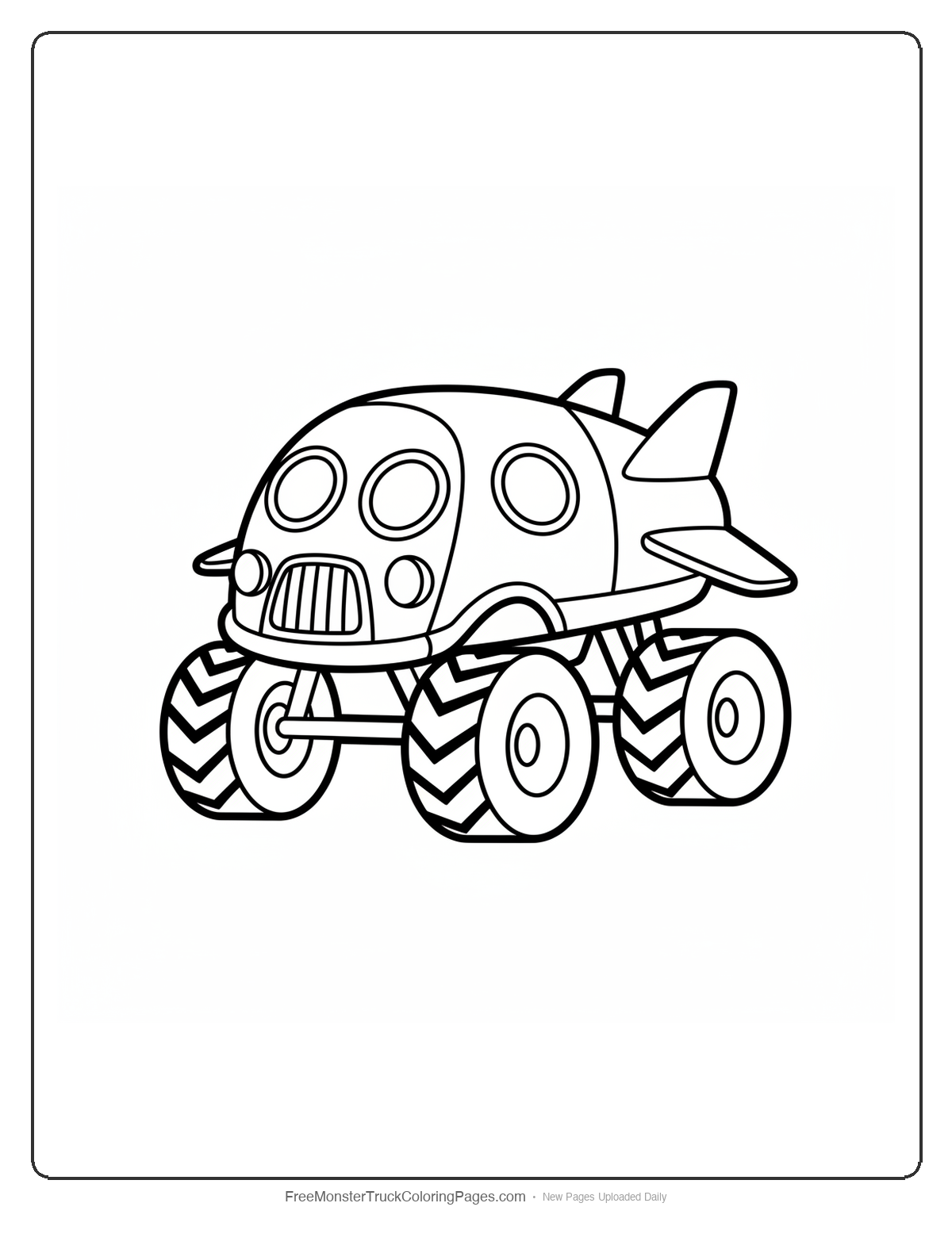 Simple black and white coloring page of a basic monster truck designed like a spaceship with round windows and rocket fins