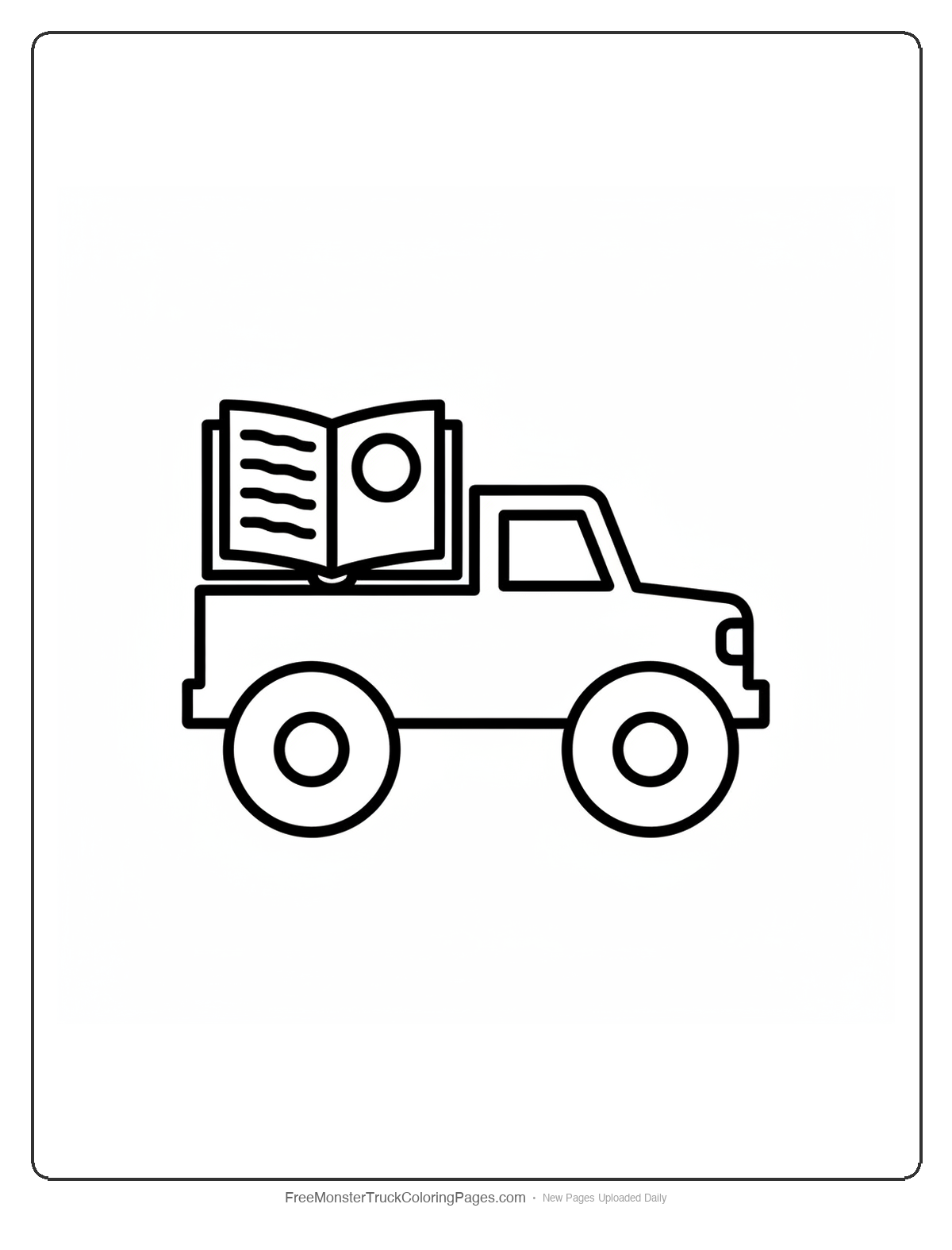 Simple monster truck coloring page carrying a large open spell book with thick outlines and basic shapes