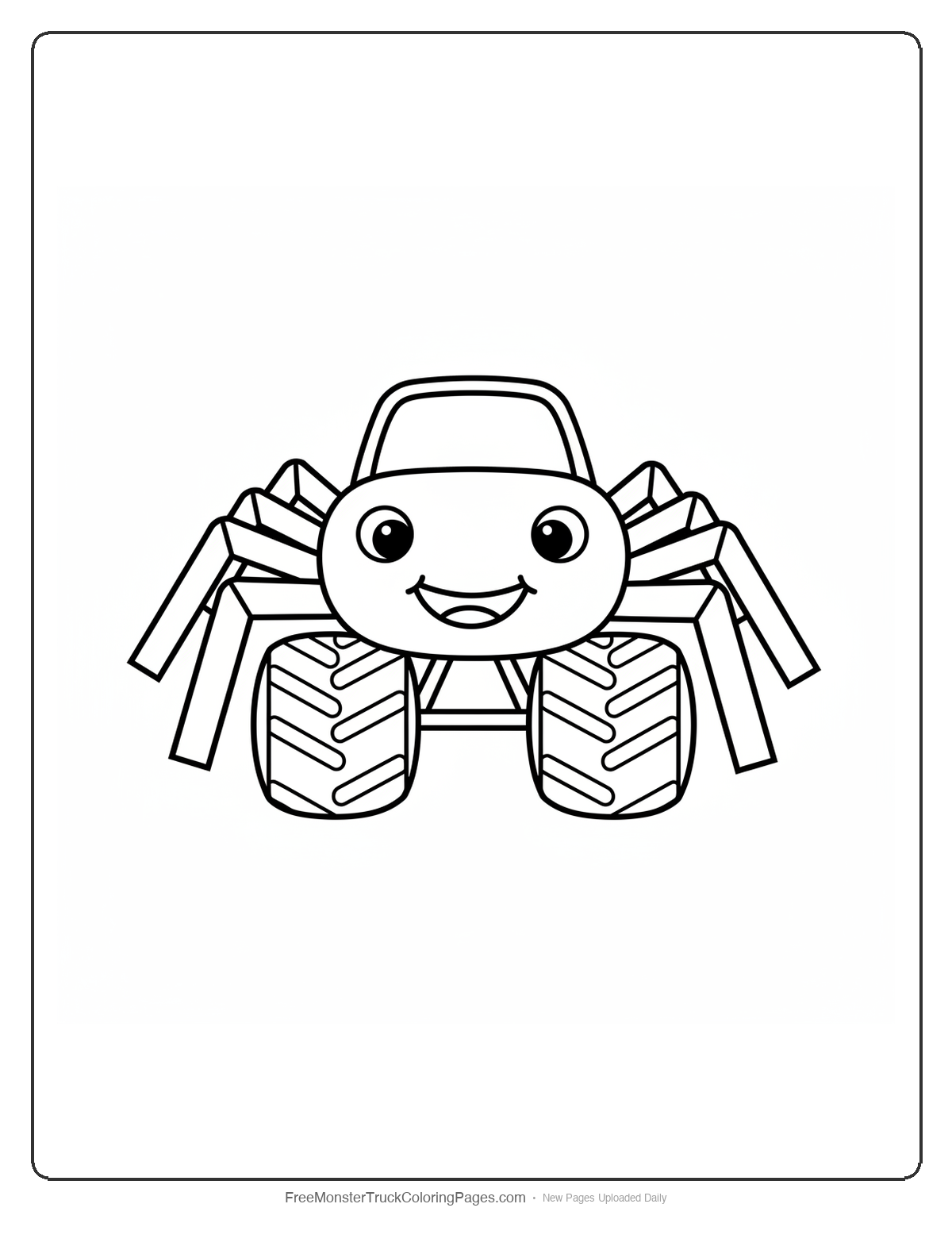 Simple monster truck designed like a spider with eight legs, round body, and friendly face on white background