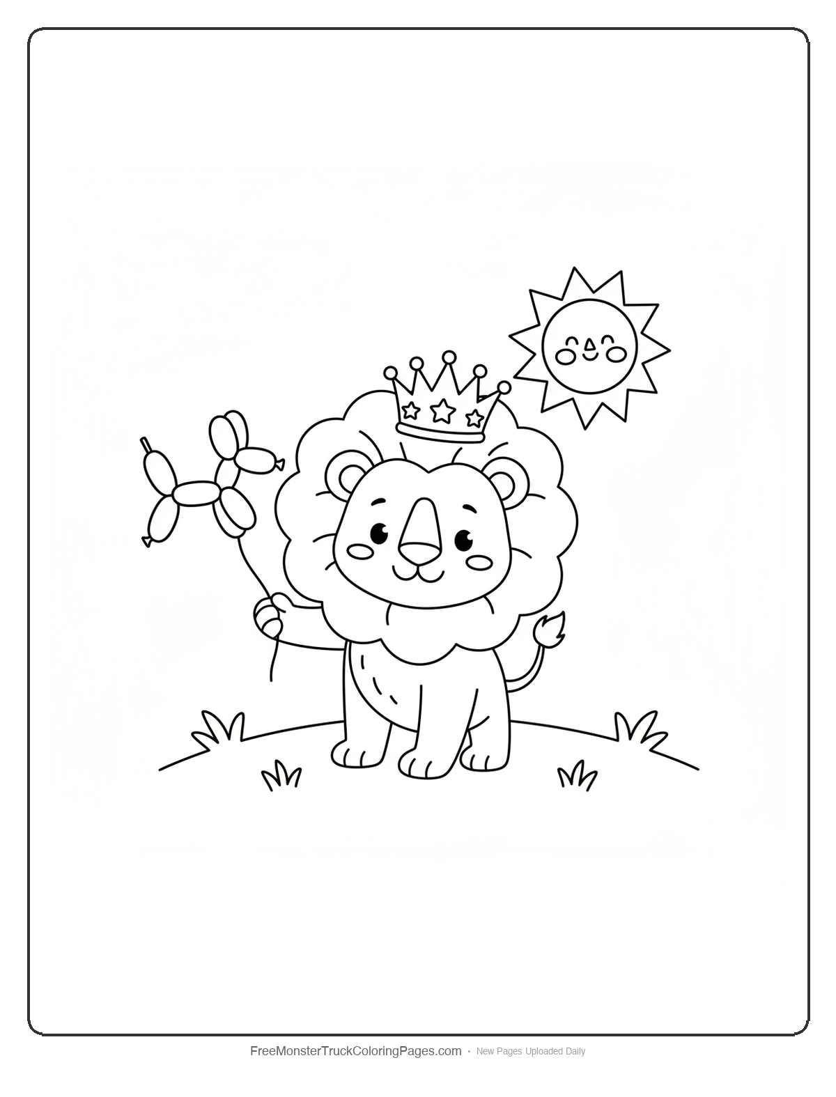 Simple black and white coloring page of a basic monster truck decorated with large stars and friendly features