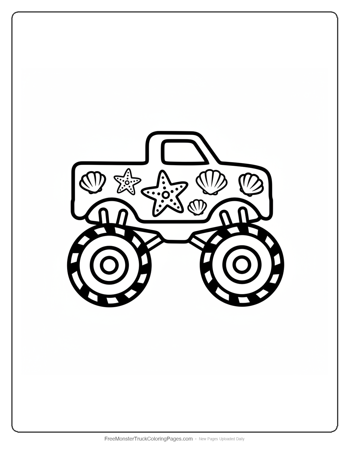 Simple monster truck coloring page with large starfish decorations and basic seashell shapes