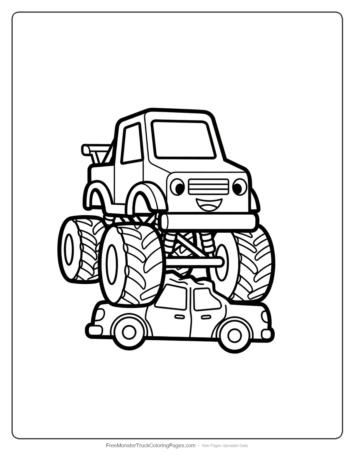 Black and white coloring page of a smiling monster truck with very simple design crushing a car underneath
