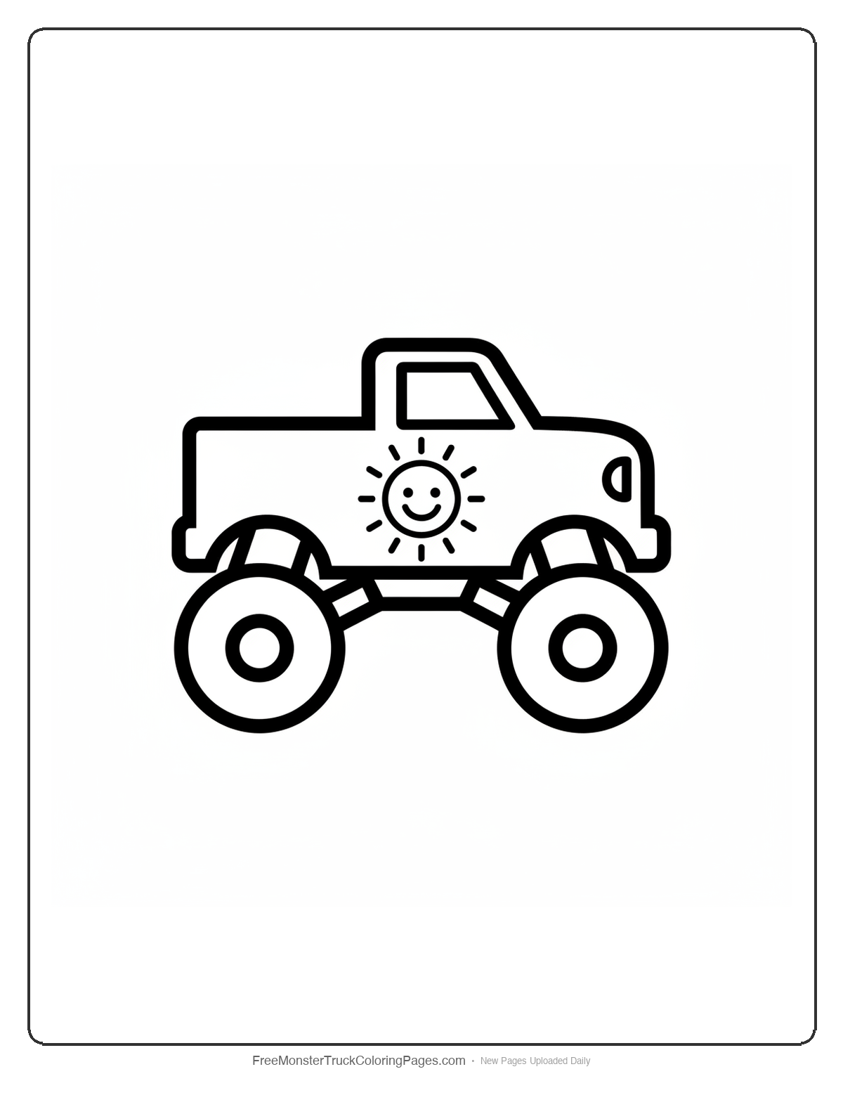 Simple coloring page of a monster truck with a large sun design and basic shapes