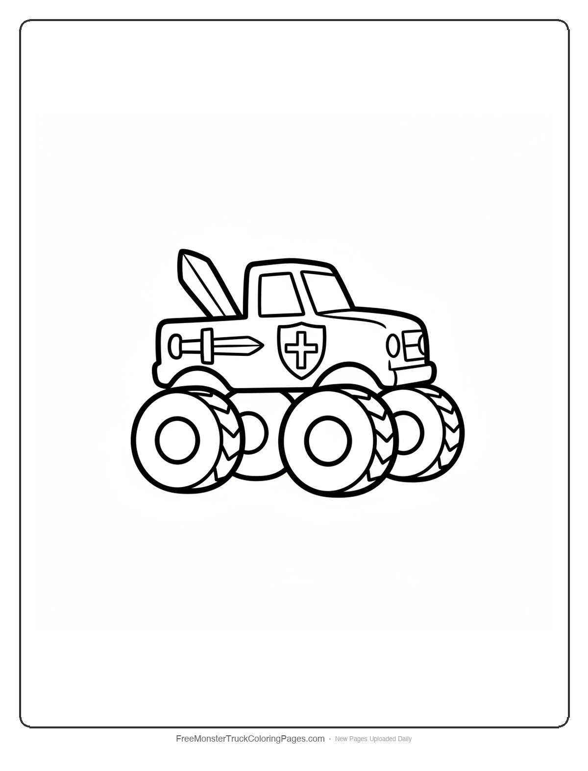 Simple coloring page of a monster truck with large sword and shield decorations, basic shapes with thick outlines