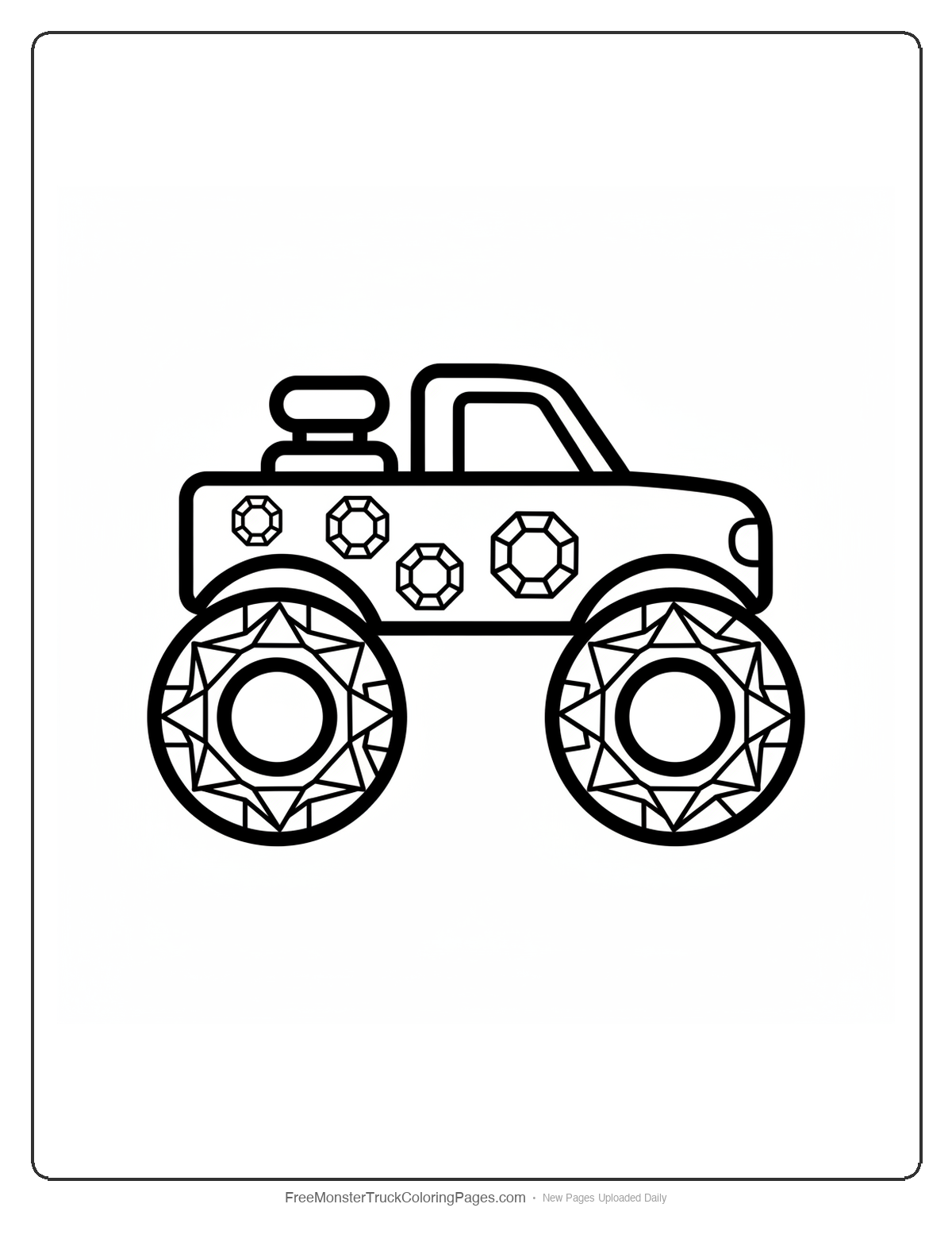 Simple monster truck coloring page with large topaz gemstone decorations and thick outlines for easy coloring
