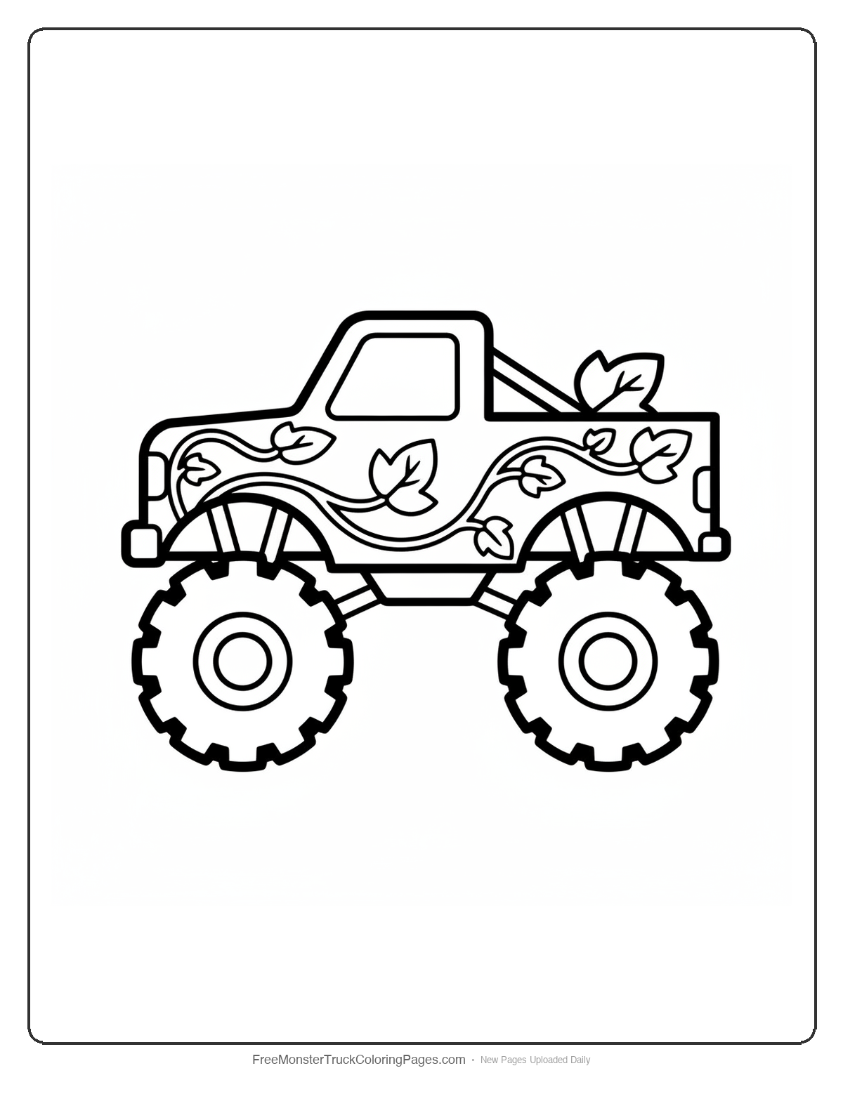 Black and white coloring page of a simple monster truck with thick vine decorations and large wheels