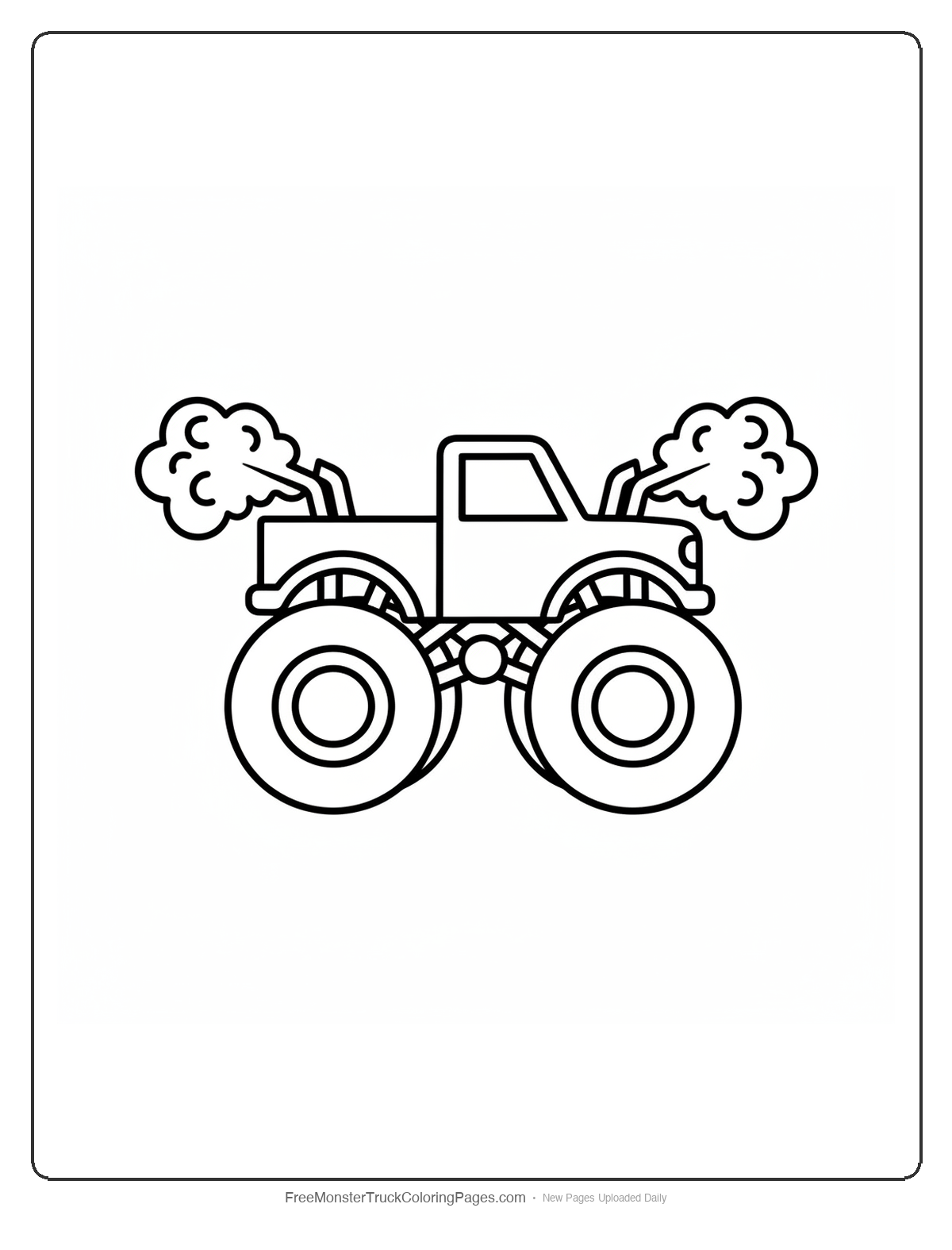 Simple monster truck coloring page with large puffy smoke clouds coming from exhaust pipes and oversized round wheels