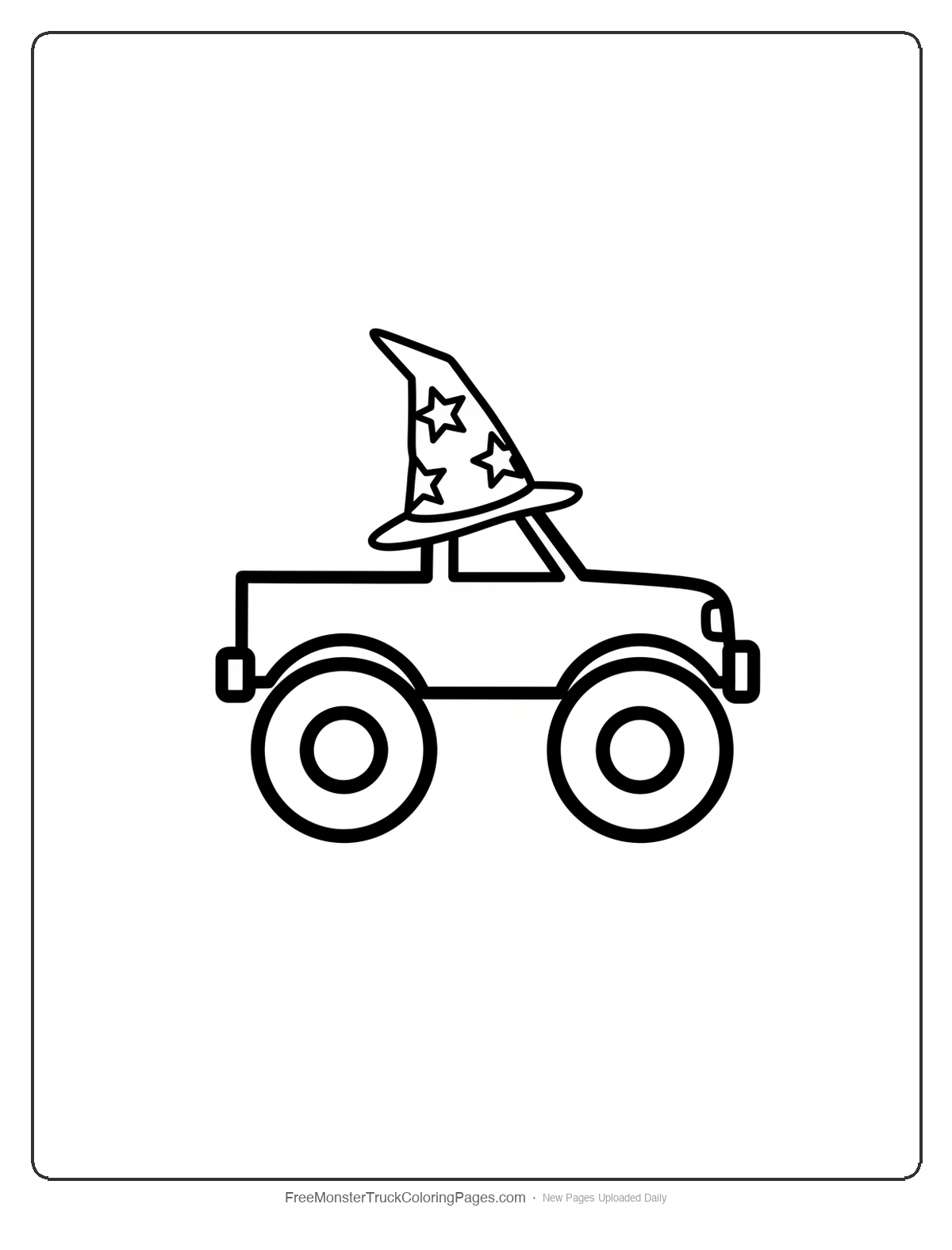 Simple coloring page of a monster truck wearing a large pointed wizard hat with stars, featuring thick outlines and basic shapes