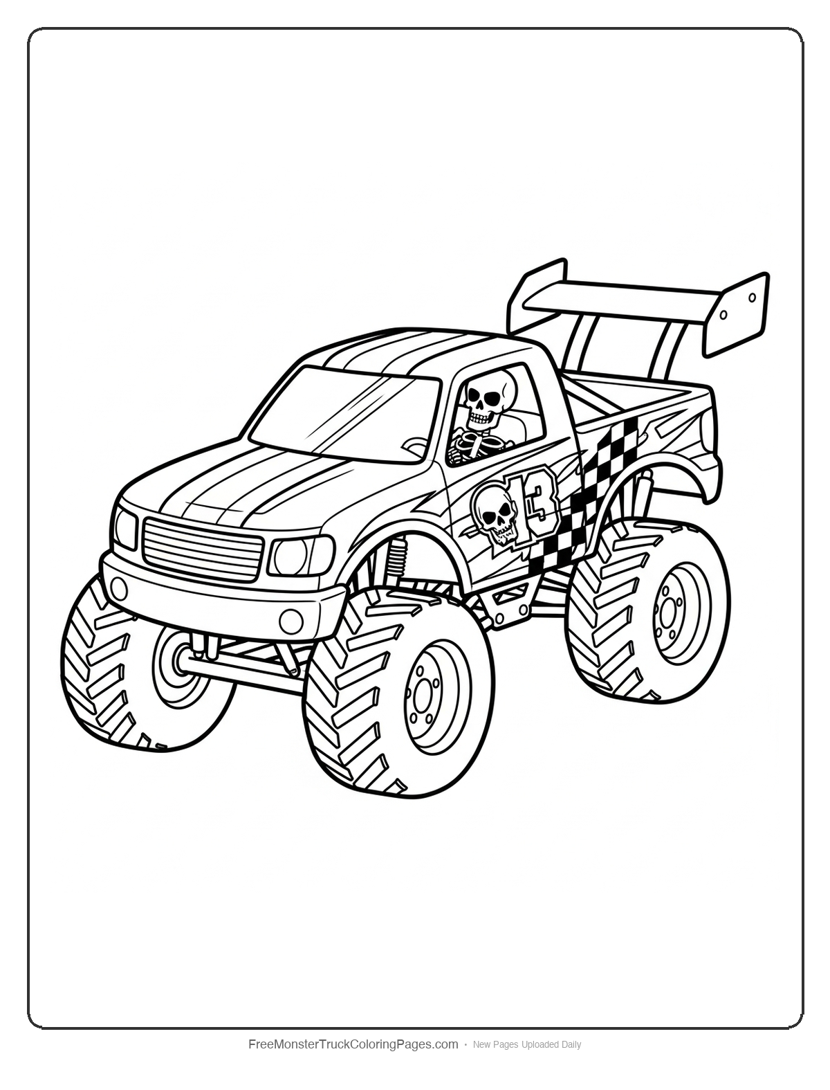 Black and white coloring page of a racing monster truck with skeleton decorations and racing stripes