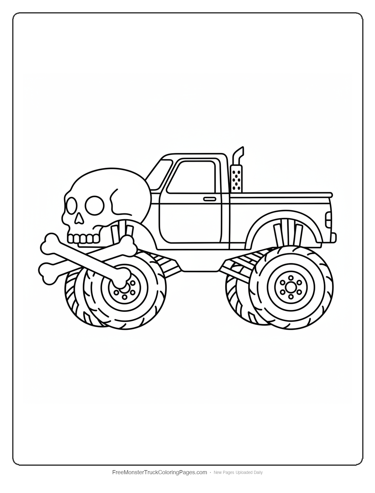 Black and white coloring page of a monster truck with a skull and crossbones shaped front grille and eye socket headlights