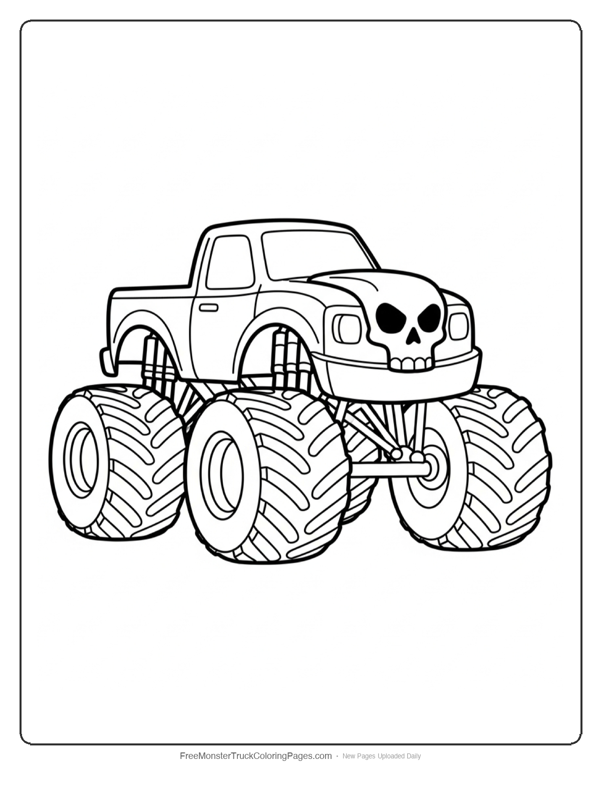 Black and white coloring page of Skull Crusher monster truck with skull design on hood and large spiked tires