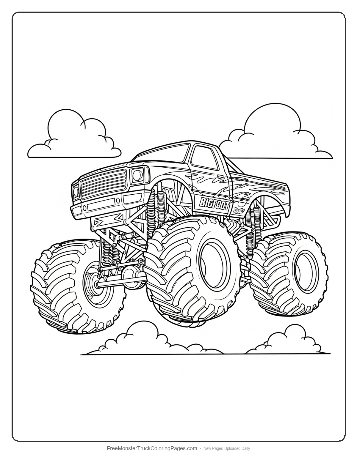 Black and white coloring page of a Bigfoot monster truck jumping through the air with detailed features