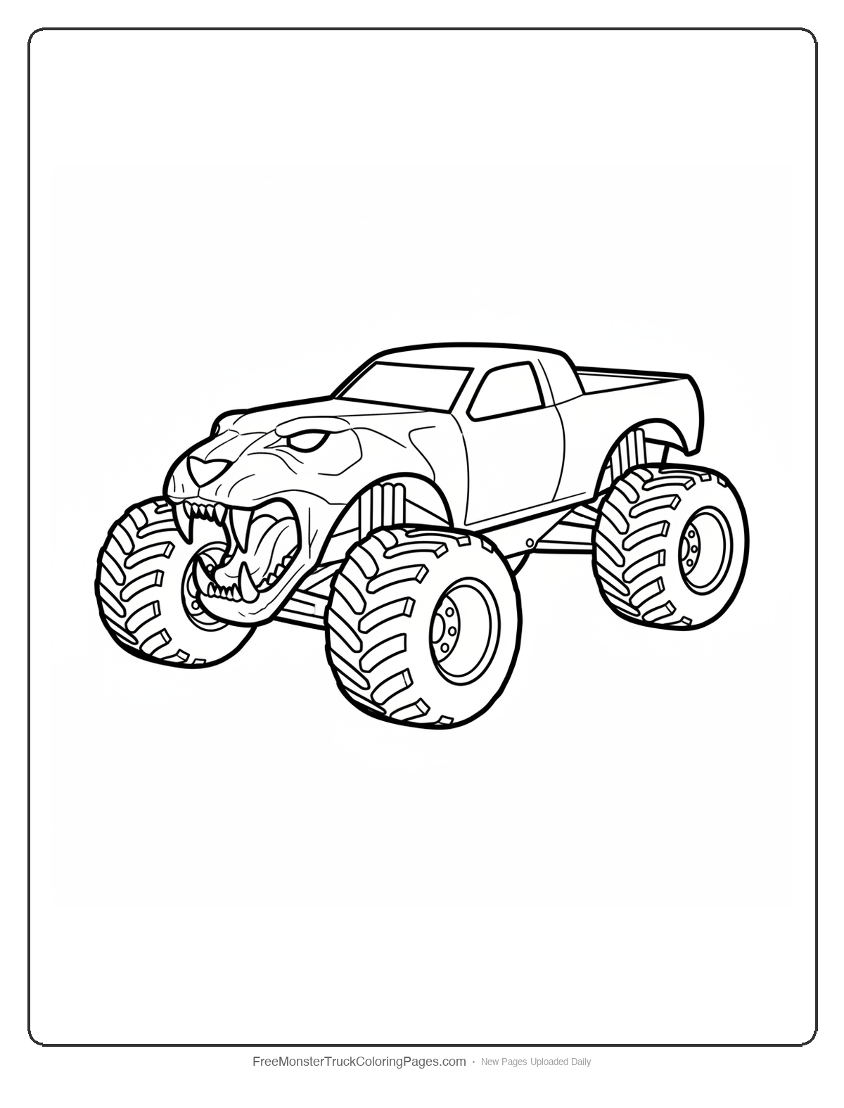 Black and white coloring page of a monster truck with a long sleek hood shaped like a panther skull with snarling grille and slit headlights