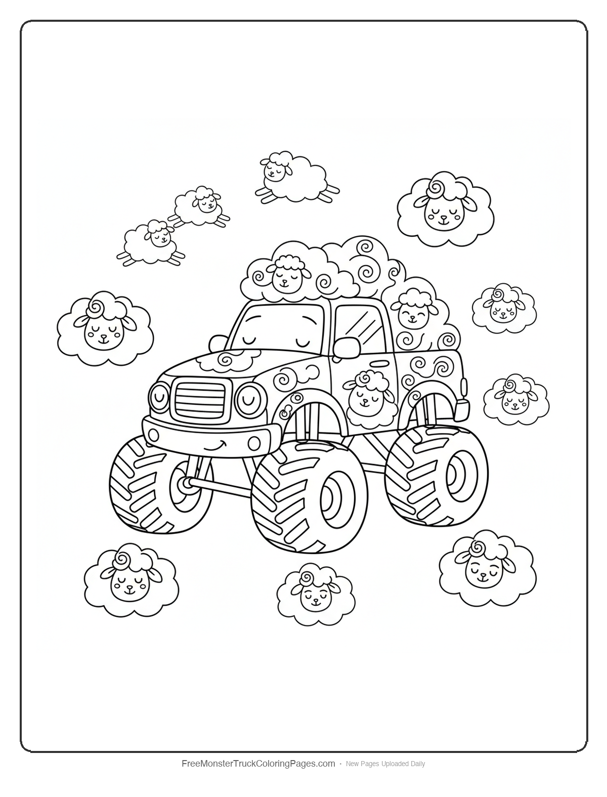 Monster truck decorated with fluffy sheep-shaped clouds and sheep decorations for counting to sleep