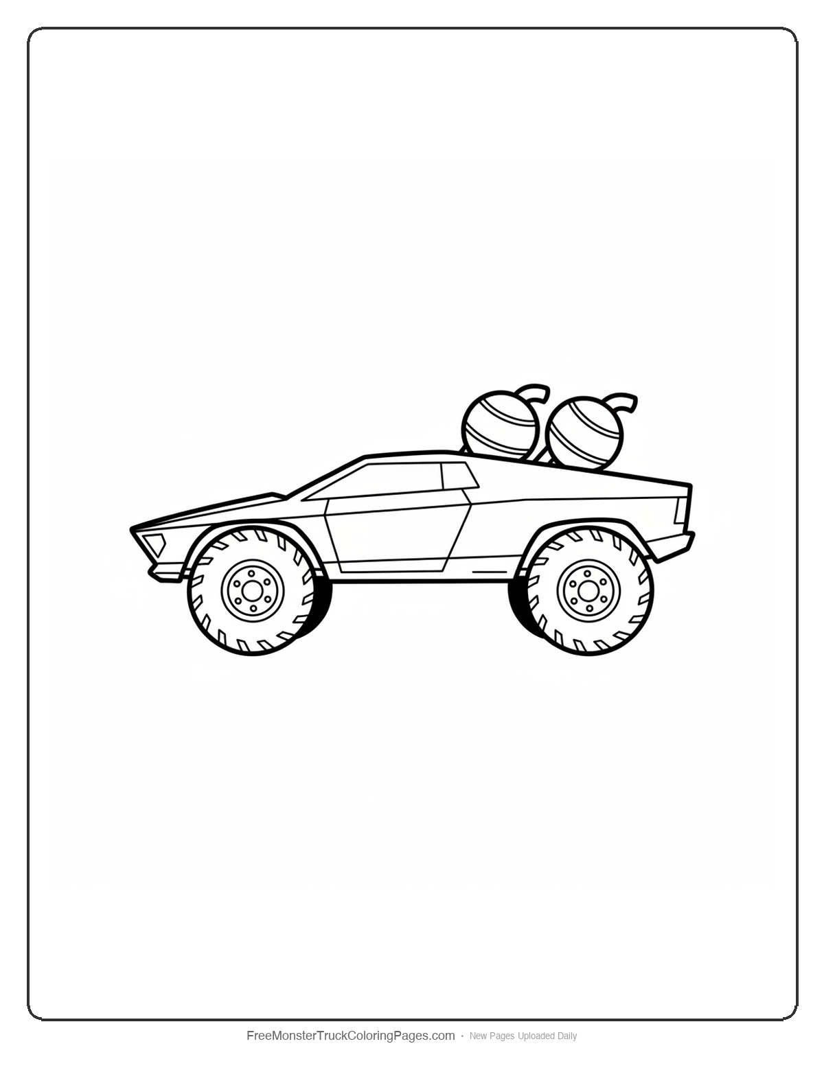 Black and white coloring page of a low sleek monster truck with round smoke bomb shaped exhaust pipe tops
