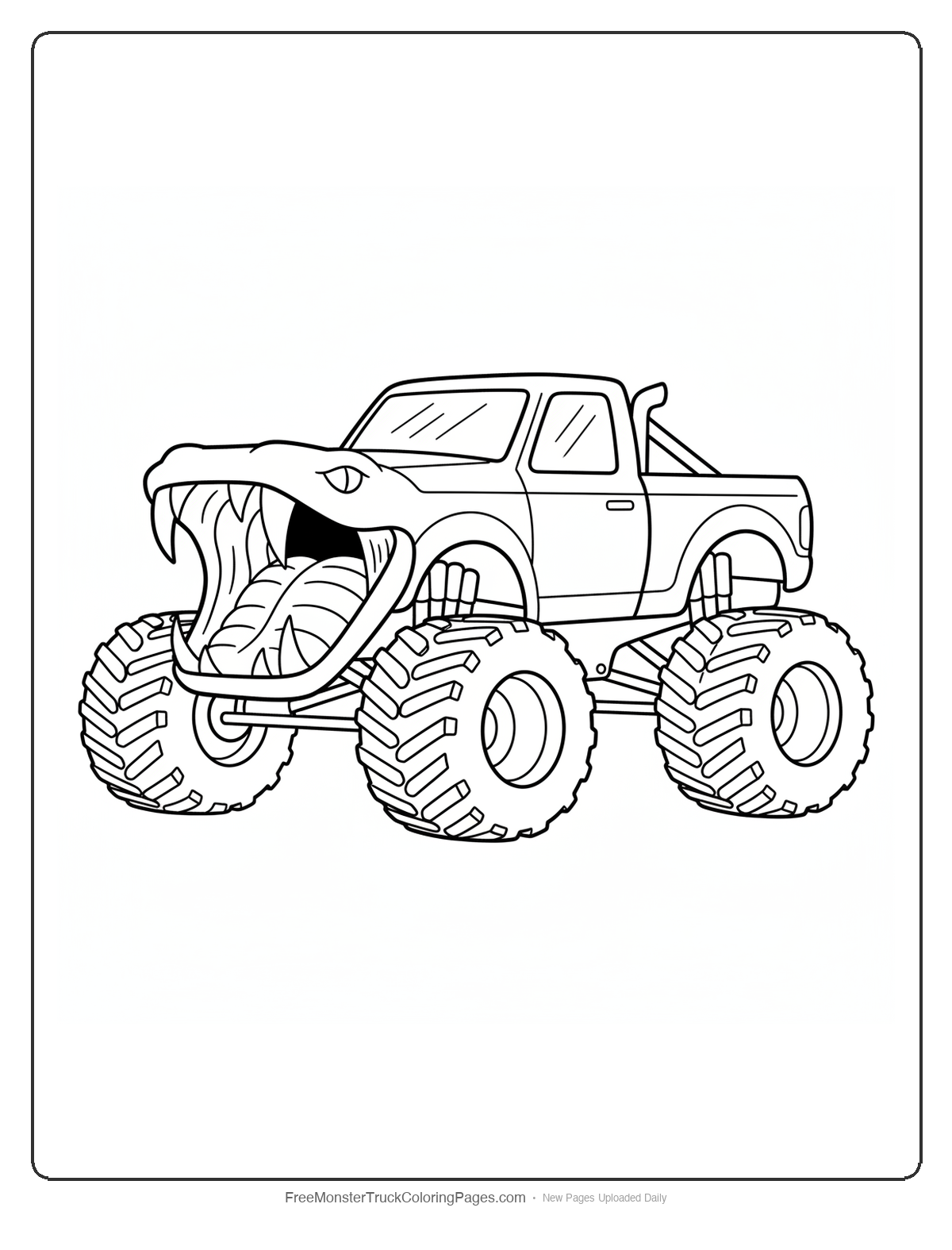 Black and white coloring page of a monster truck with a front grille shaped like a snake's open jaw with fangs top and bottom