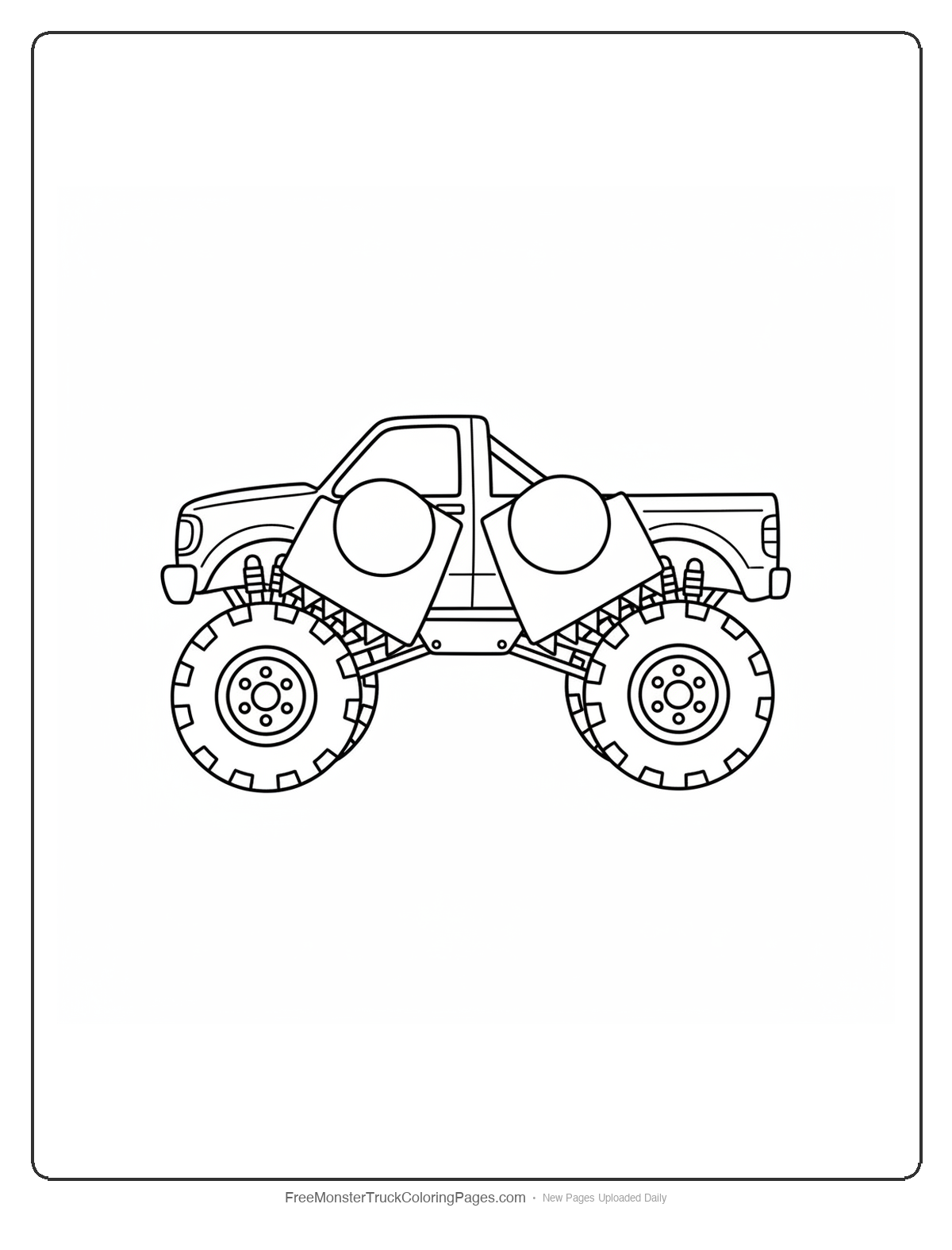 Black and white coloring page of a monster truck with doors that hinge open downward like crocodile lower jaws with teeth along the bottom