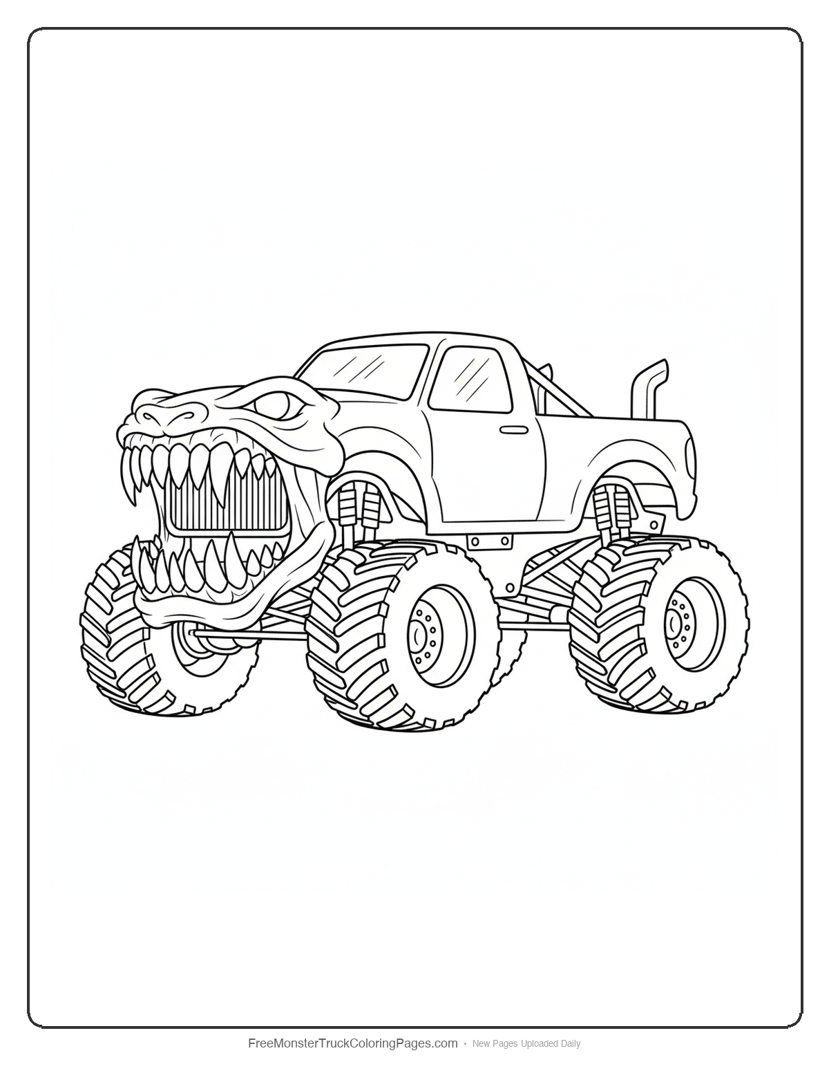 Black and white coloring page of a monster truck with the front grille shaped like a wolverine animal's open jaw with sharp teeth