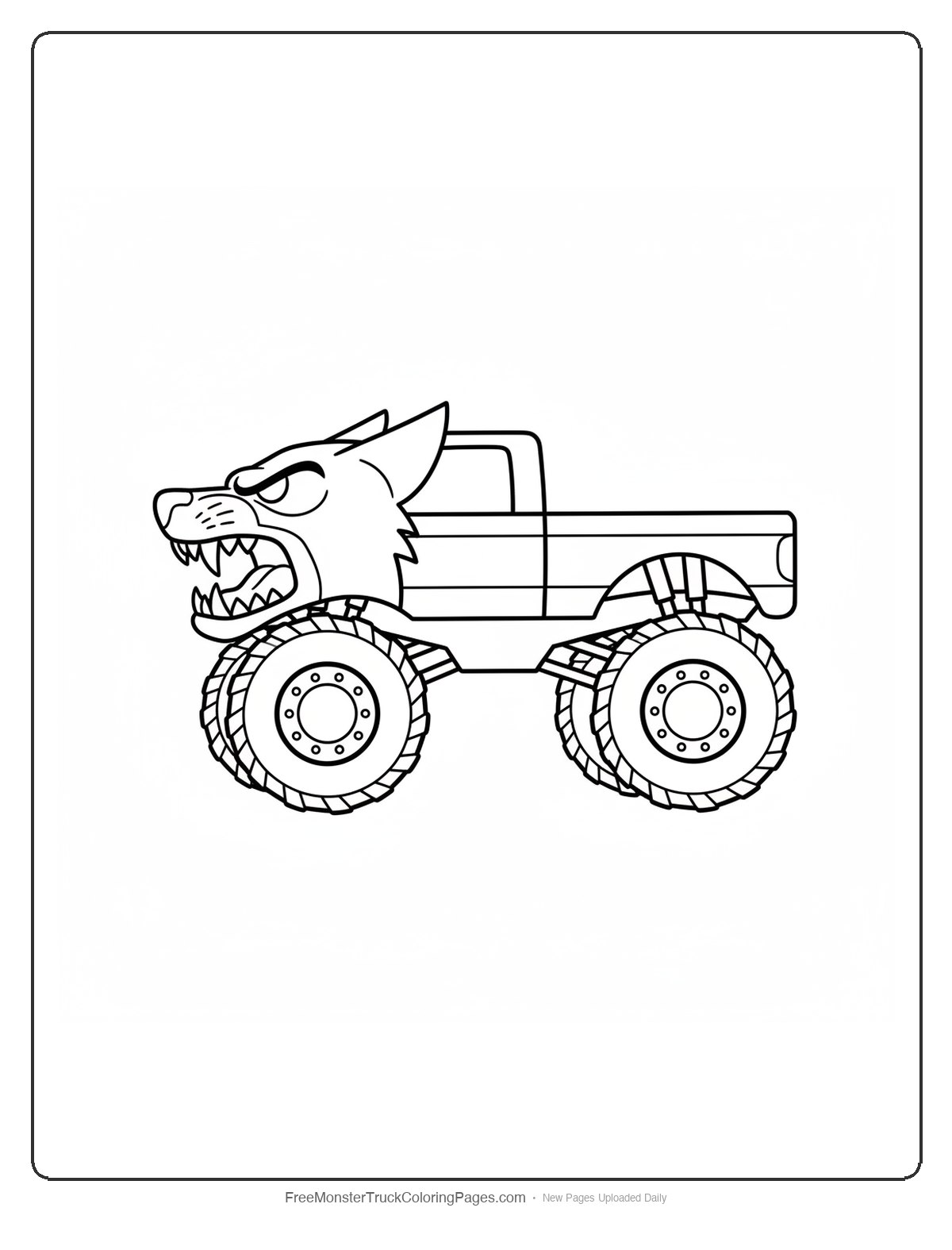 Black and white coloring page of a monster truck with a hood shaped like a snarling wolverine animal face with bared teeth