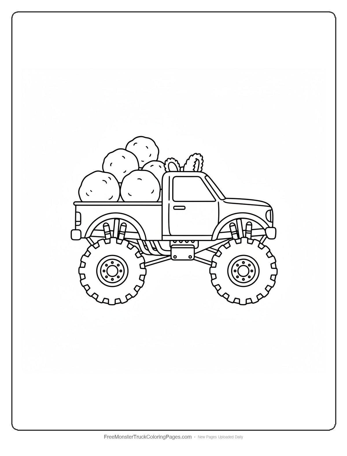 Black and white coloring page of a monster truck bed filled with large round snowballs and yeti ears on the cab roof