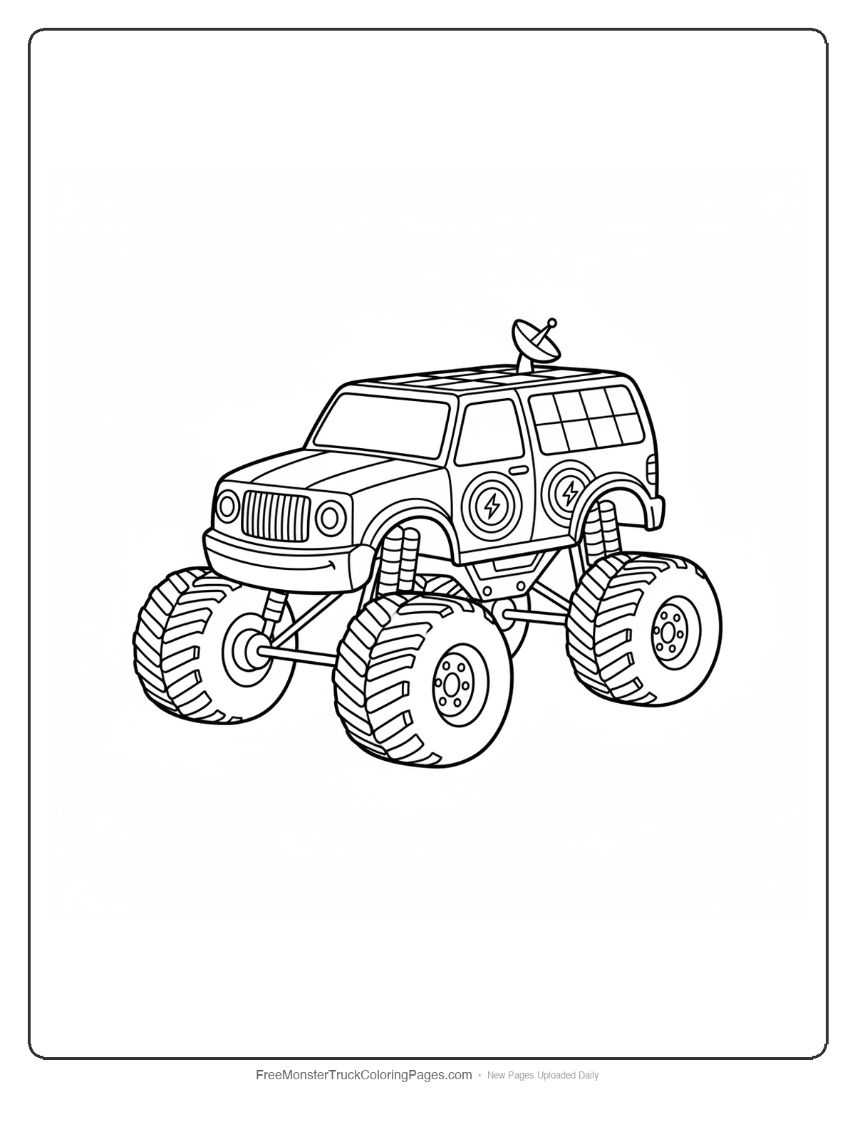 Black and white coloring page of a robot monster truck with solar panels on roof and energy cores