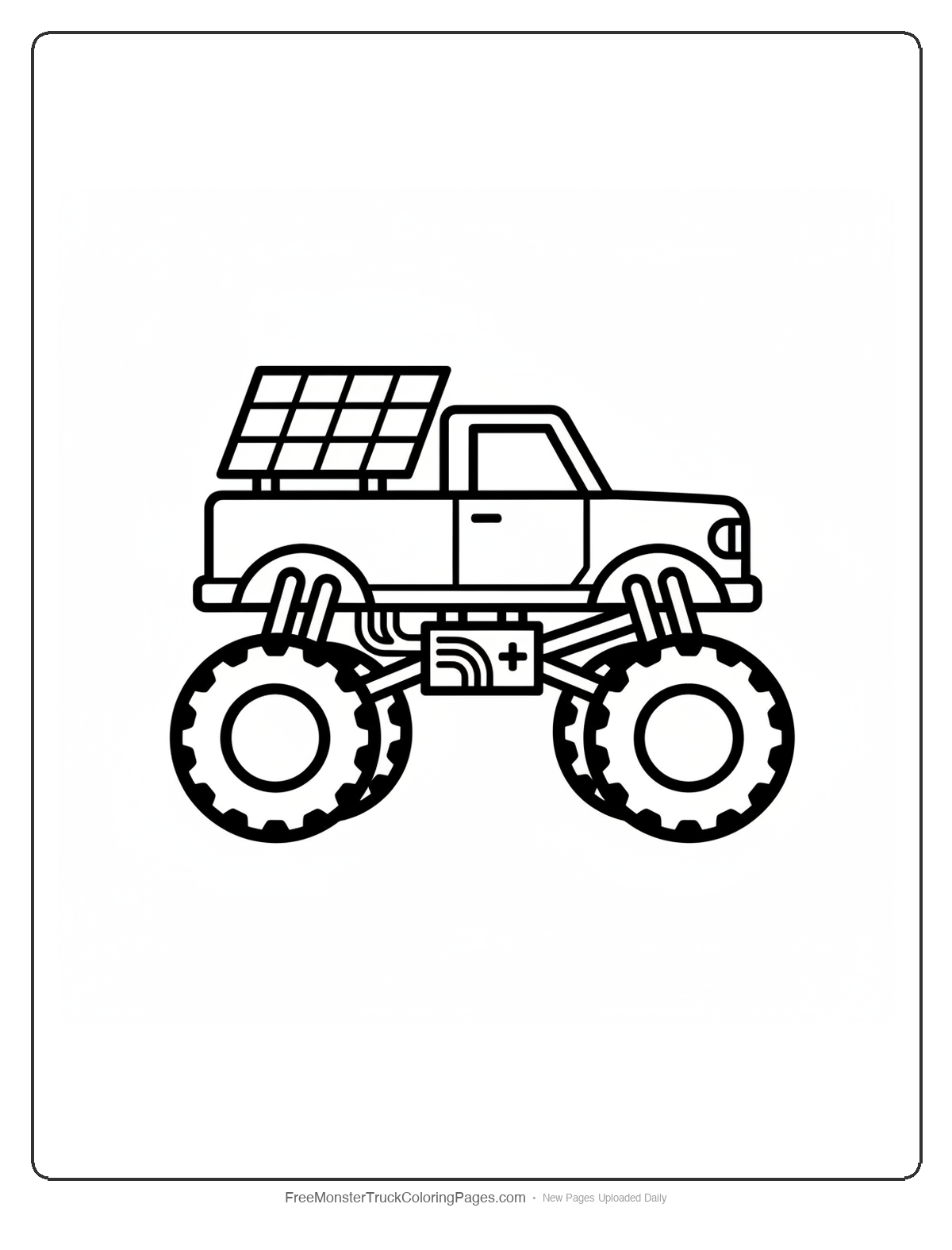 Black and white coloring page of a monster truck powered by large solar panels for sustainable space exploration