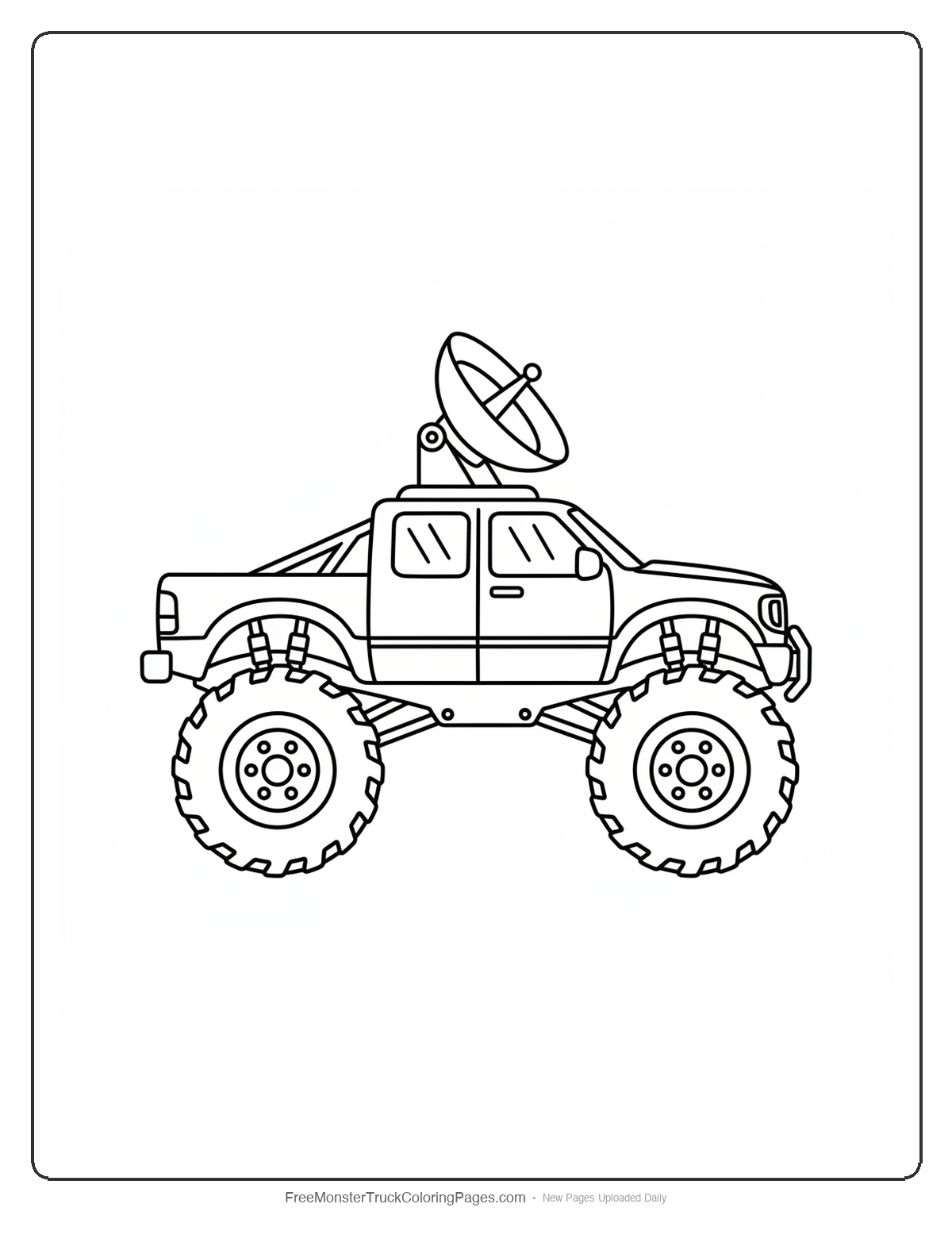 Black and white coloring page of a monster truck with a large round sonar dish mounted on the cab roof angled forward