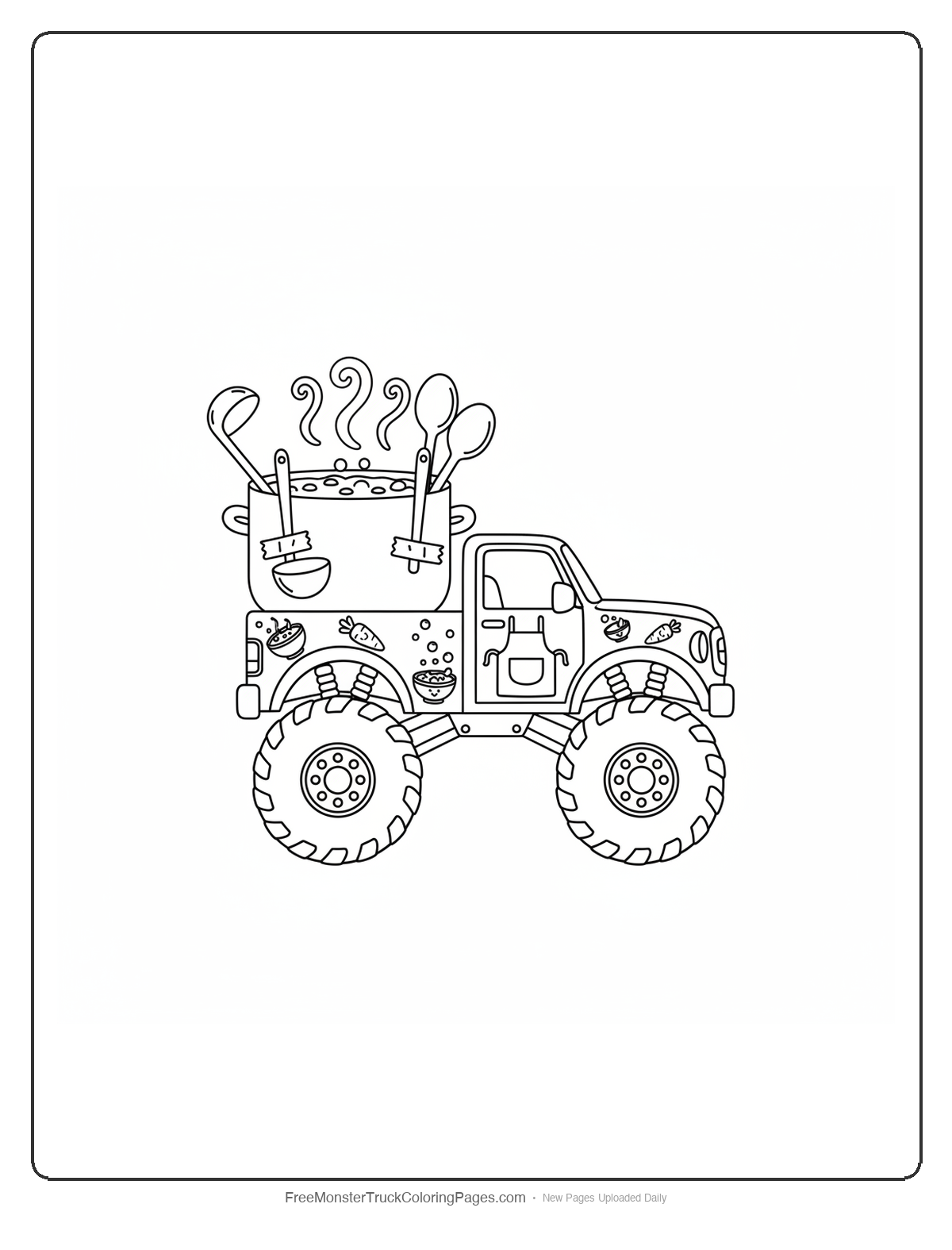Black and white coloring page of a monster truck carrying a large soup pot with steam