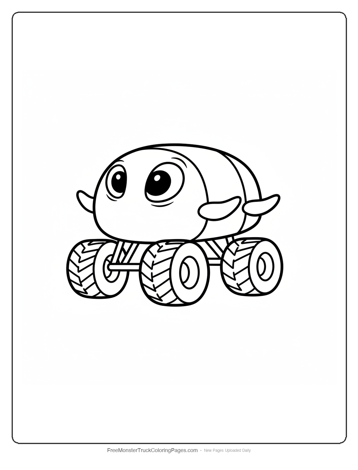 Black and white coloring page of a simple monster truck shaped like a round bug with big alien eyes and small wings on the sides