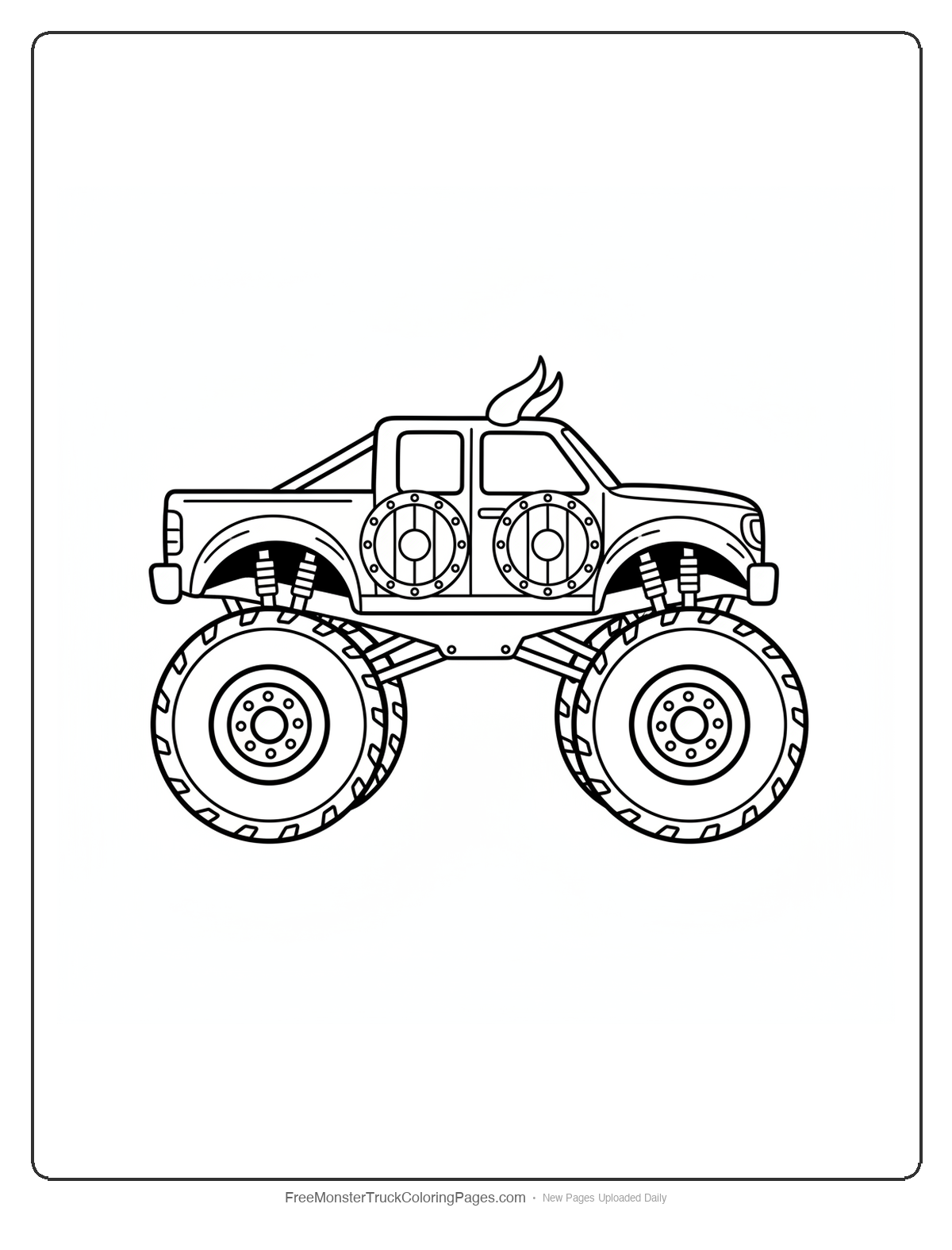 Black and white coloring page of a monster truck with round Spartan warrior shield shaped doors each with a spike boss in the center
