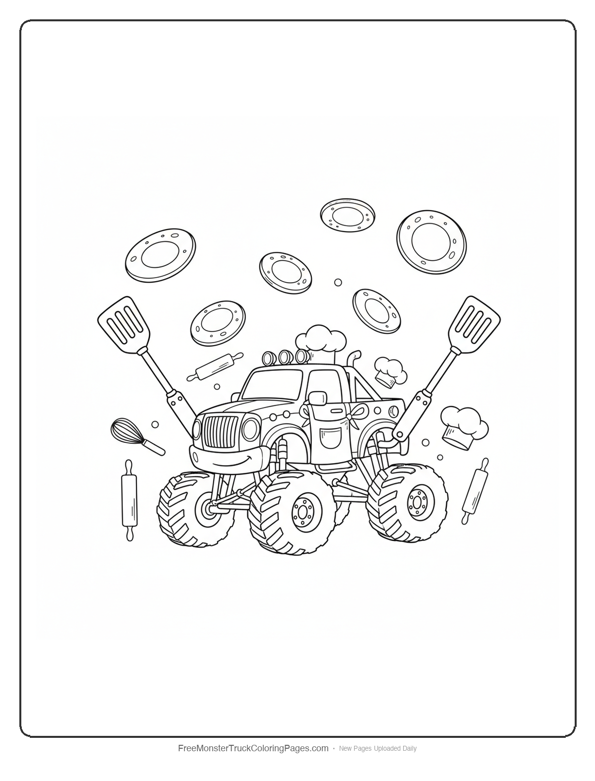 Black and white coloring page of a monster truck with spatula attachments flipping food