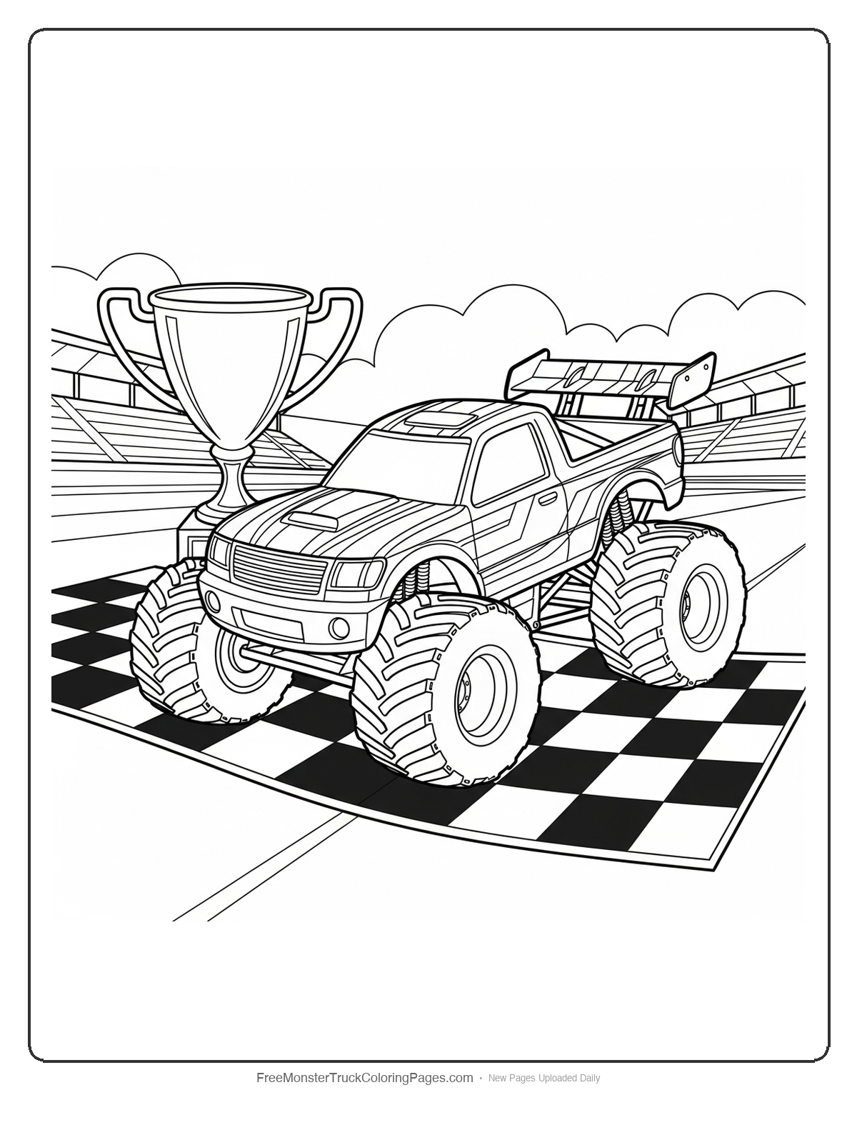 Black and white coloring page of a monster truck with racing stripes crossing a checkered finish line with a trophy