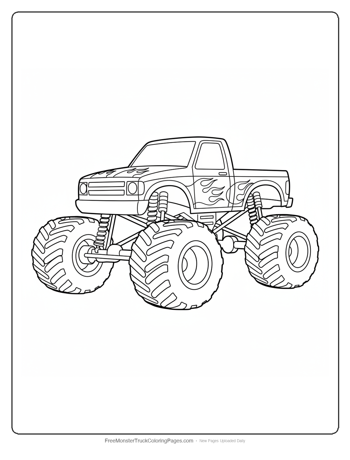 Black and white coloring page of a monster truck reading a large open spellbook with magical symbols floating around
