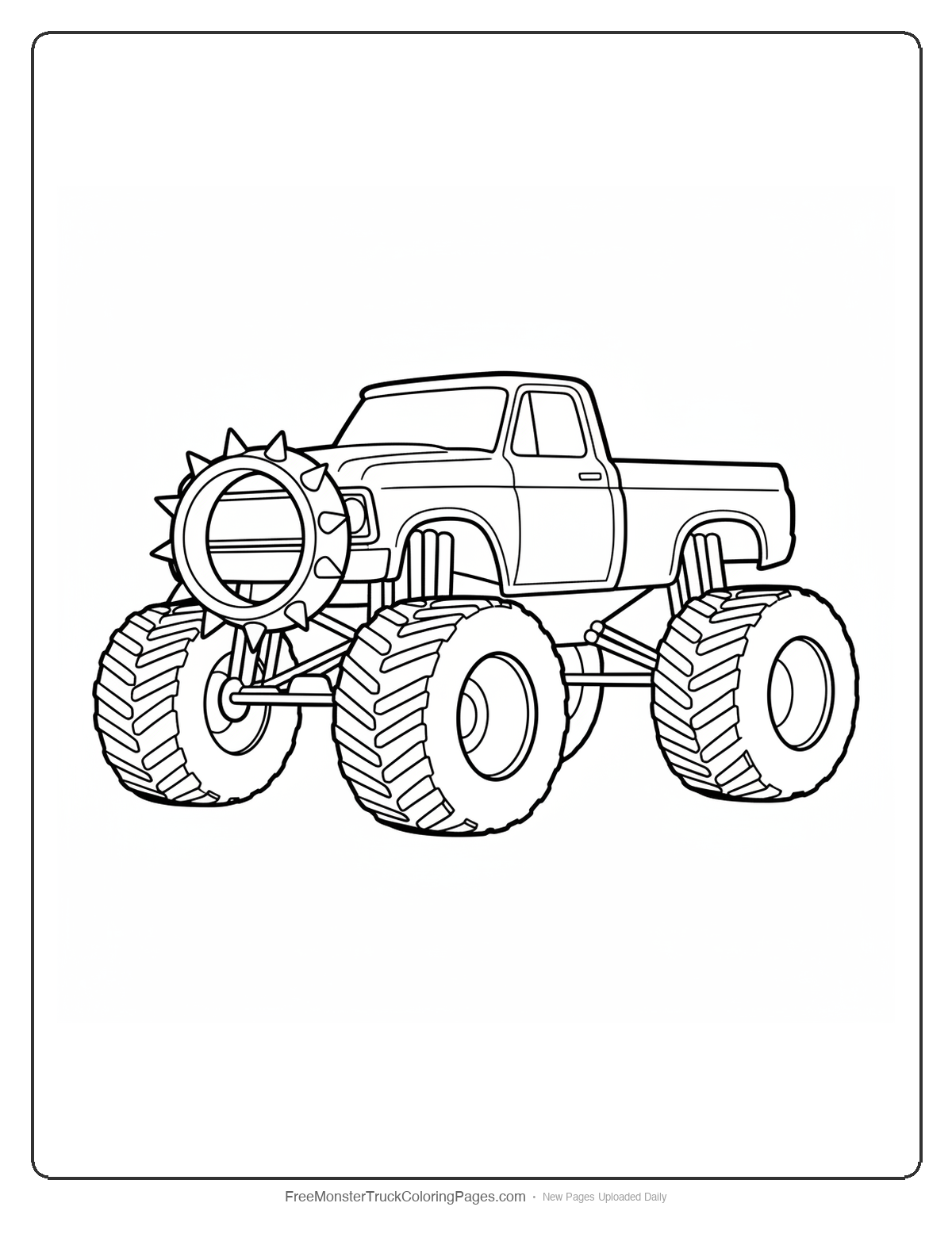 Black and white coloring page of a monster truck with a front grille surrounded by a thick spiked dog collar shape