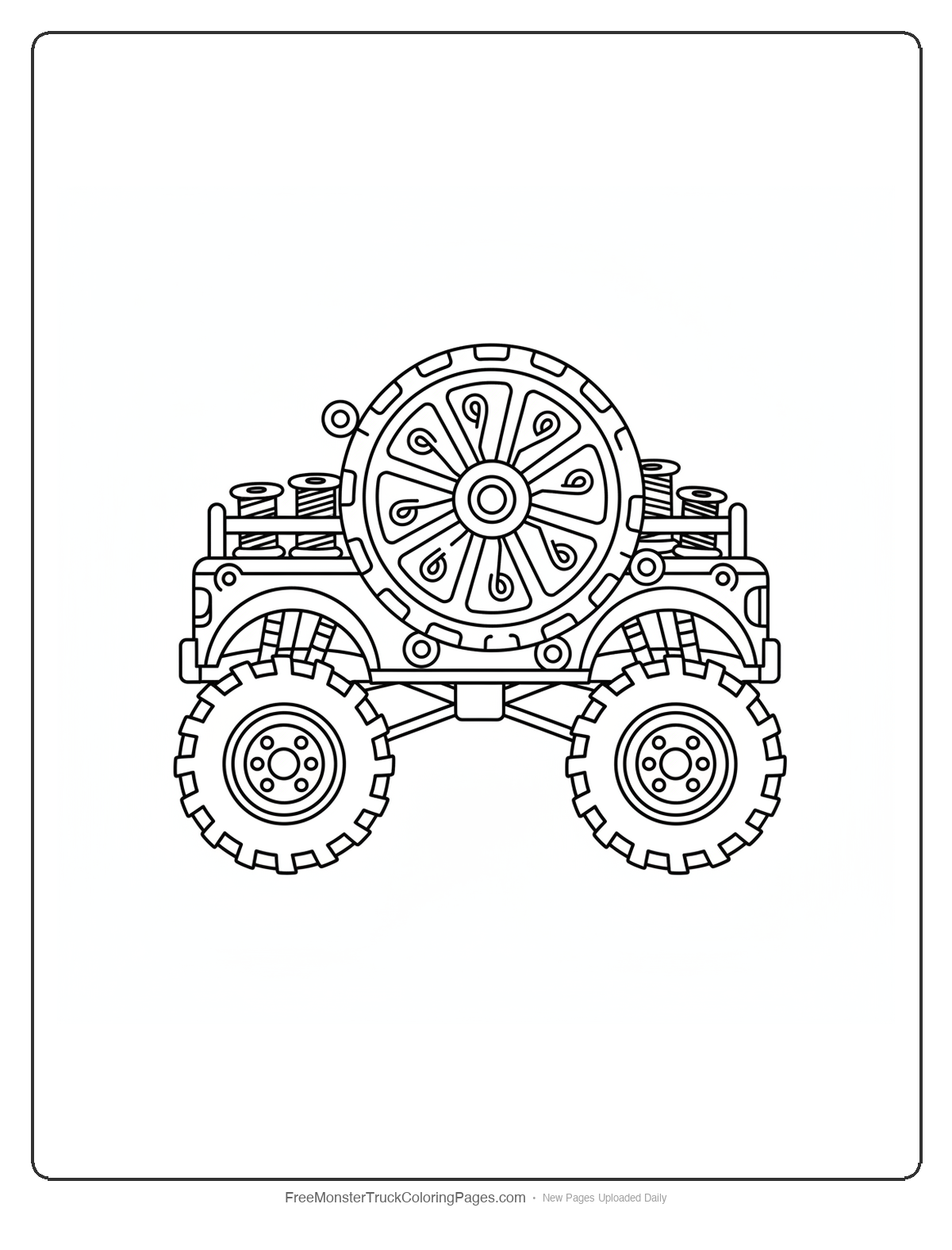 Black and white coloring page of a monster truck with spinning wheel design elements and circular patterns on large wheels